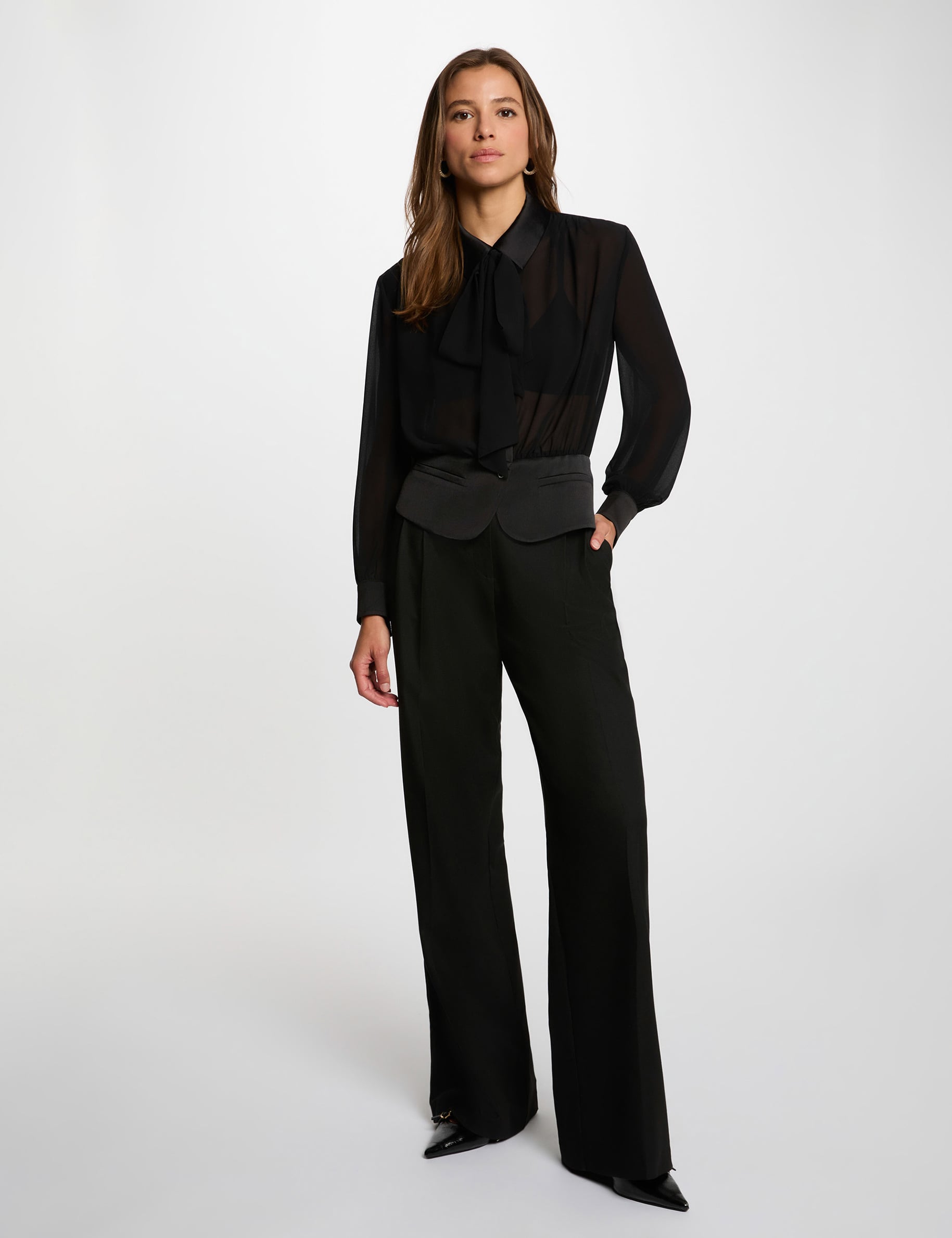 Blusa de gasa con lazada negro mujer