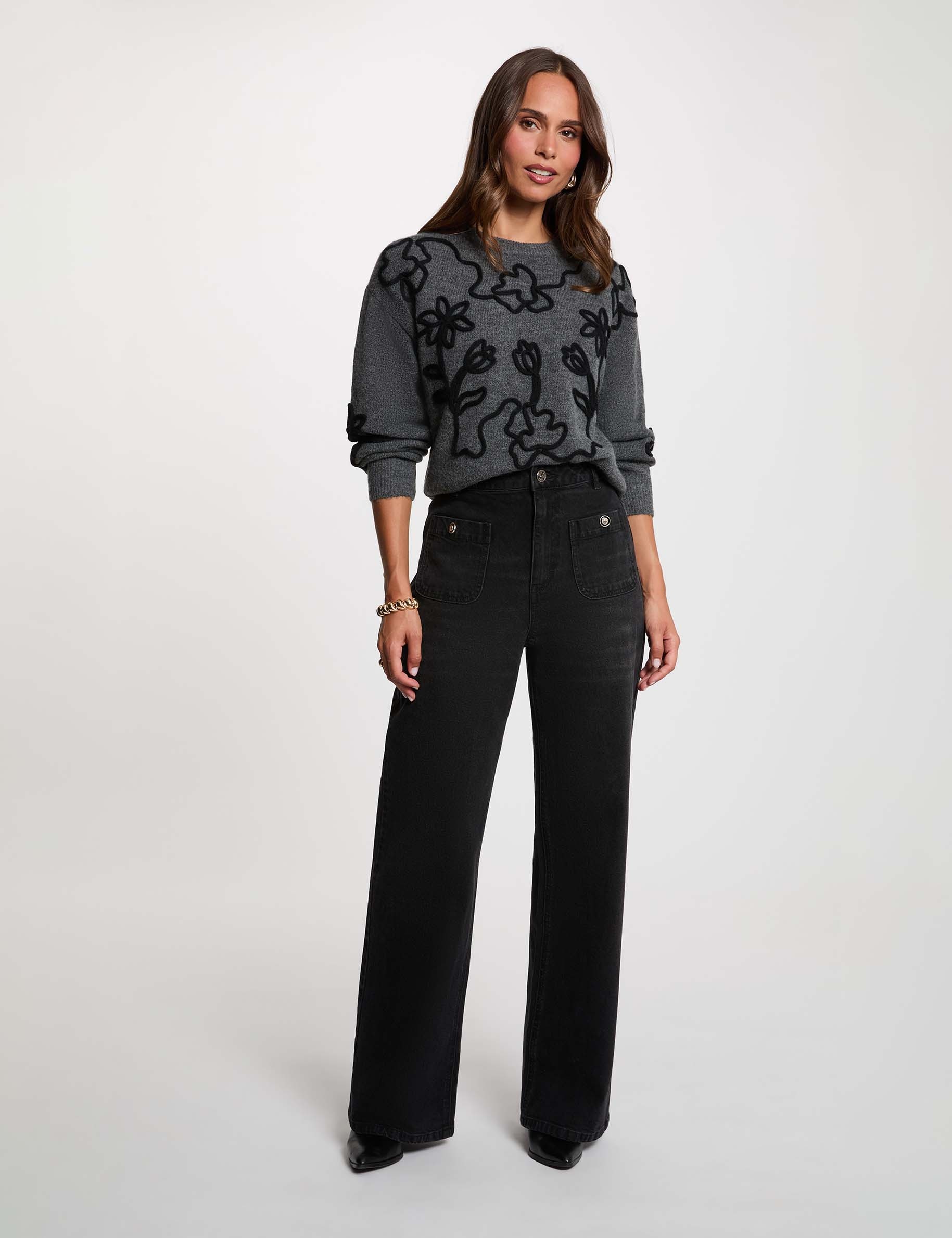 Jersey de cuello redondo fantas&iacute;a gris oscuro mujer