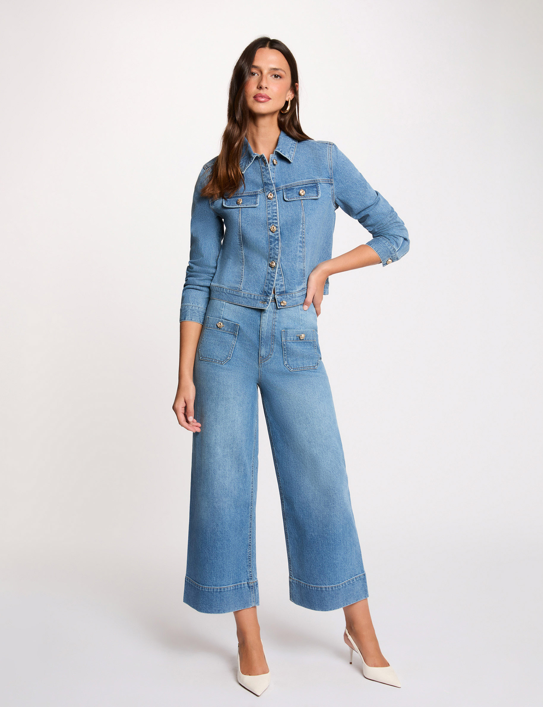 Jean ancho de tiro alto denim stone mujer