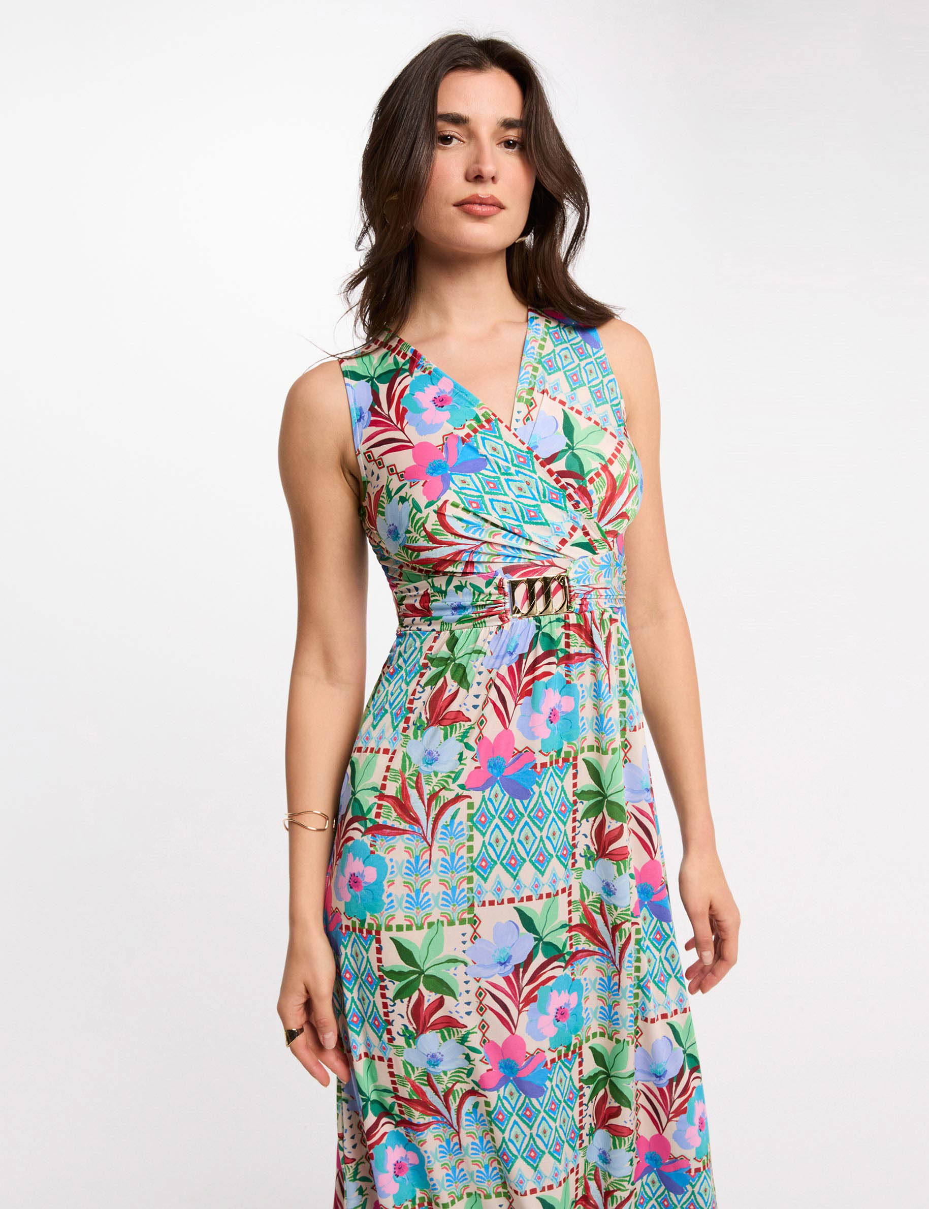 Vestido largo escotado multicolor mujer