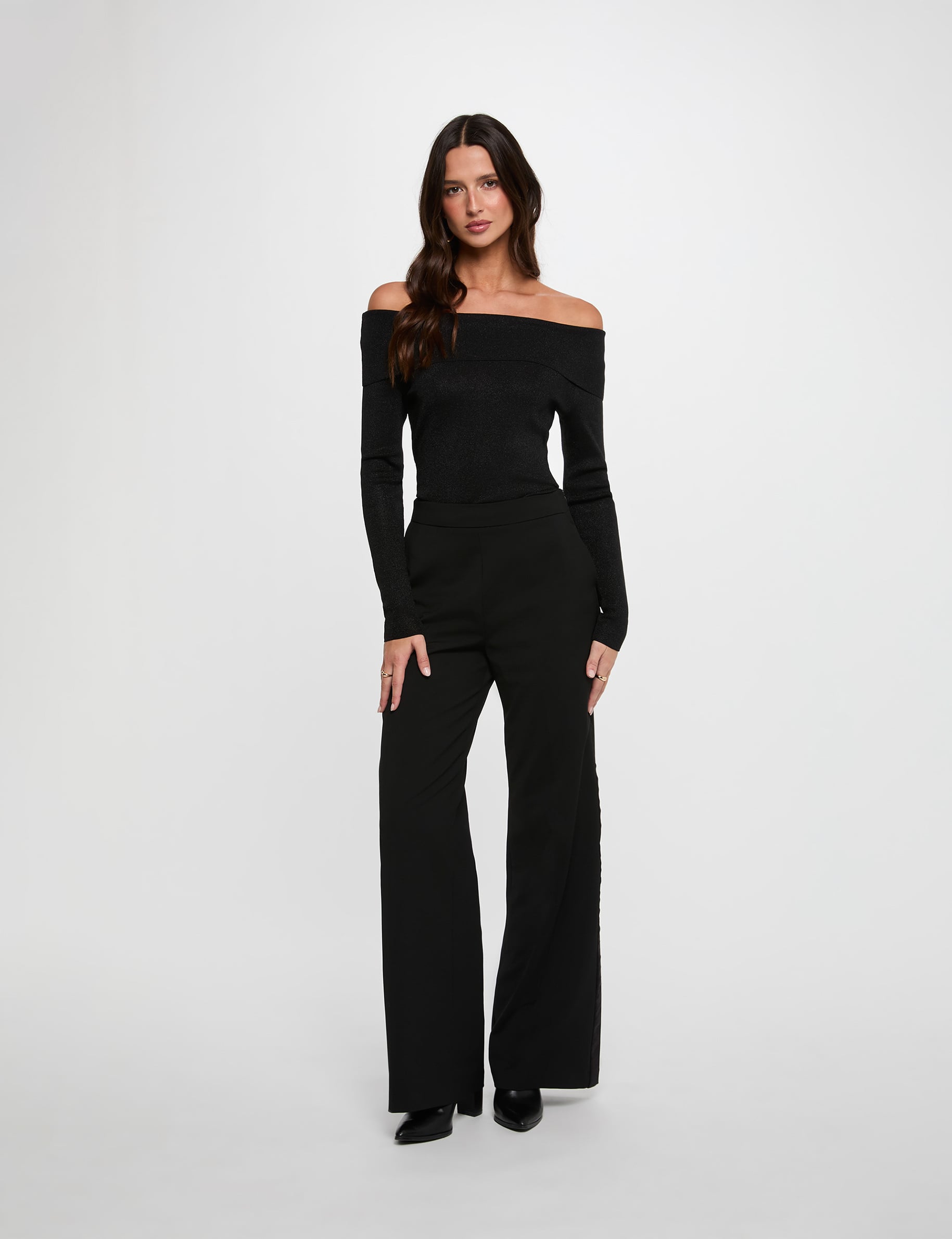 Jersey con cuello bardot metalizado negro mujer