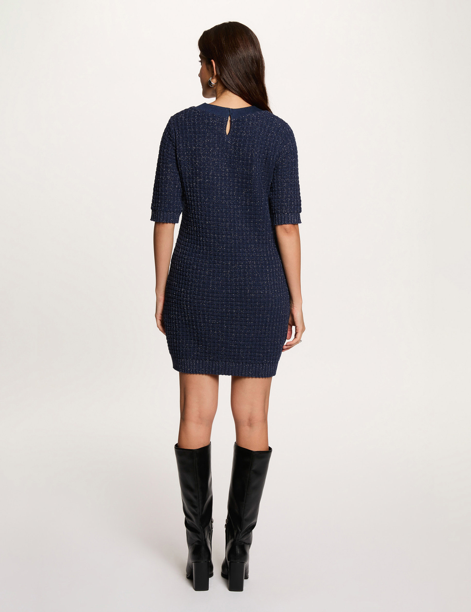 Vestido de punto con cuello redondo azul marino mujer