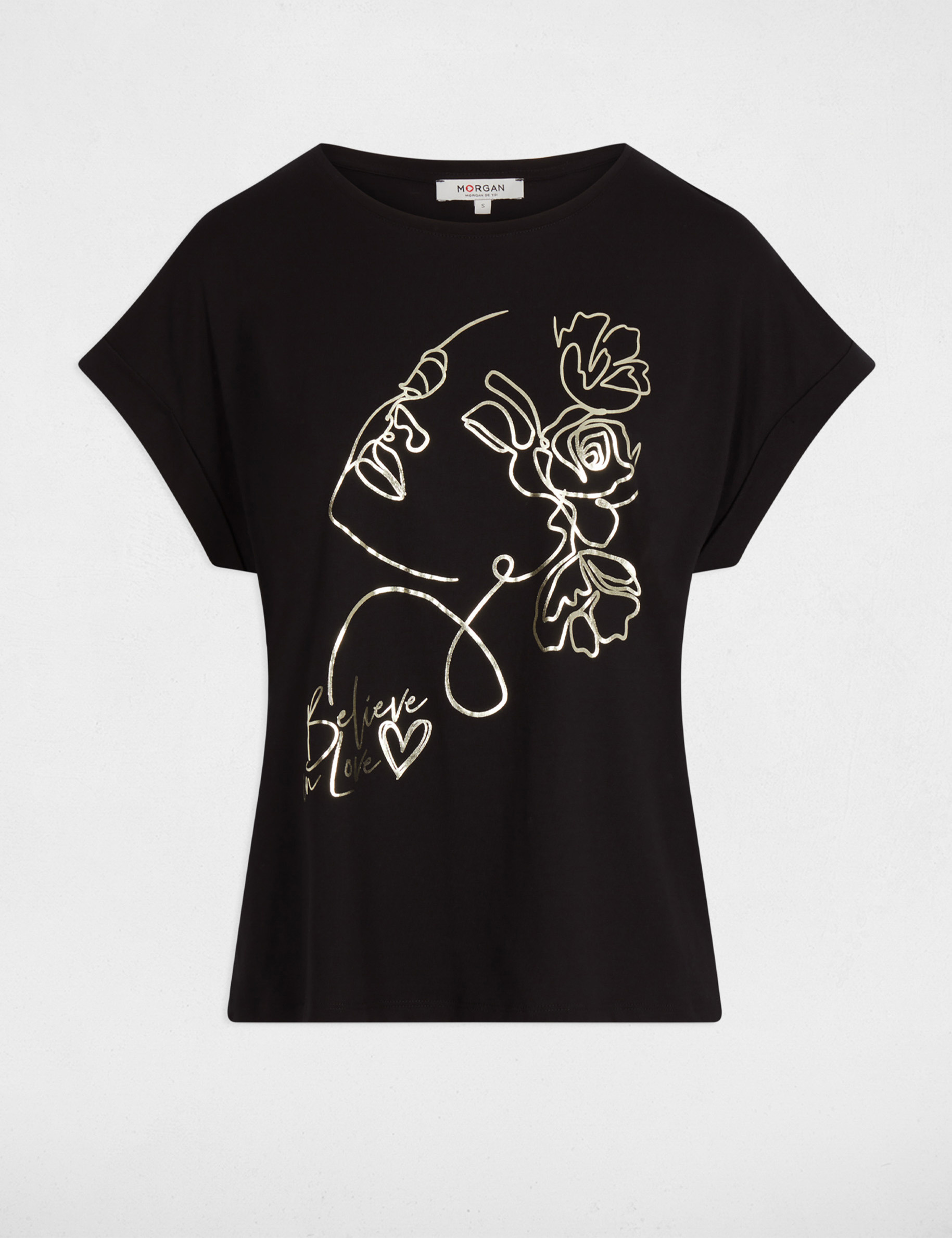 Camiseta recta con cuello redondo negro mujer