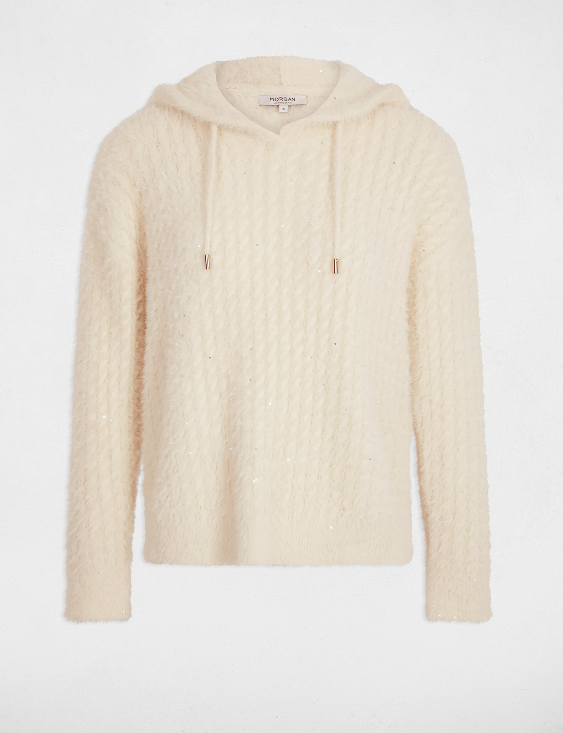 Jersey con capucha y lentejuelas marfil mujer