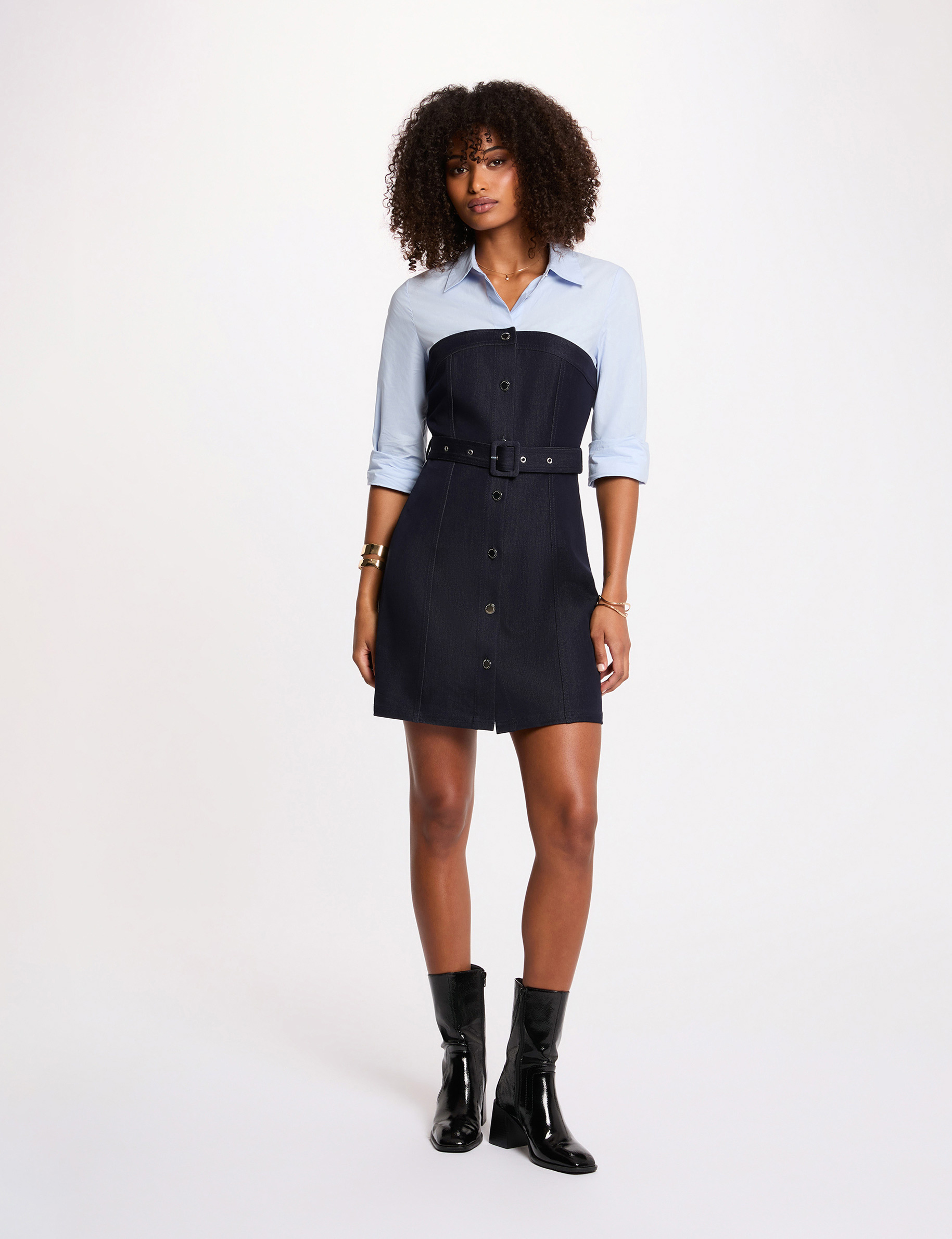 Vestido corto efecto 2 en 1 denim crudo mujer