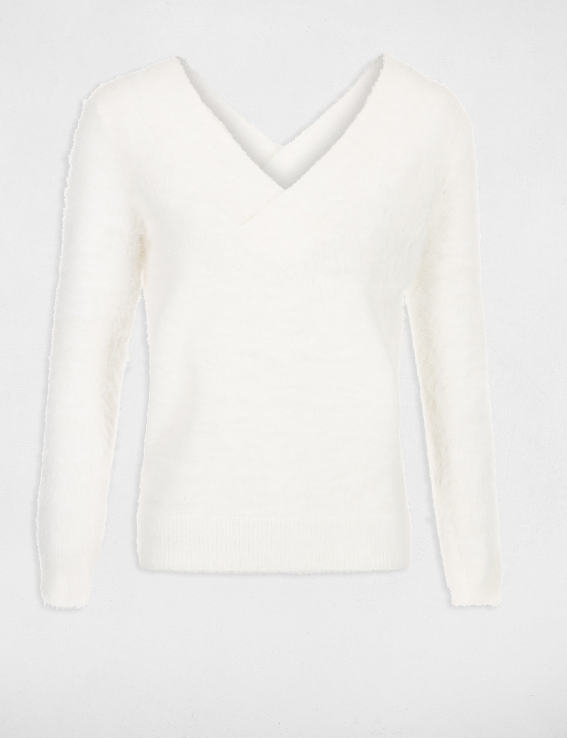 Jersey de pelo con doble escote en V marfil mujer