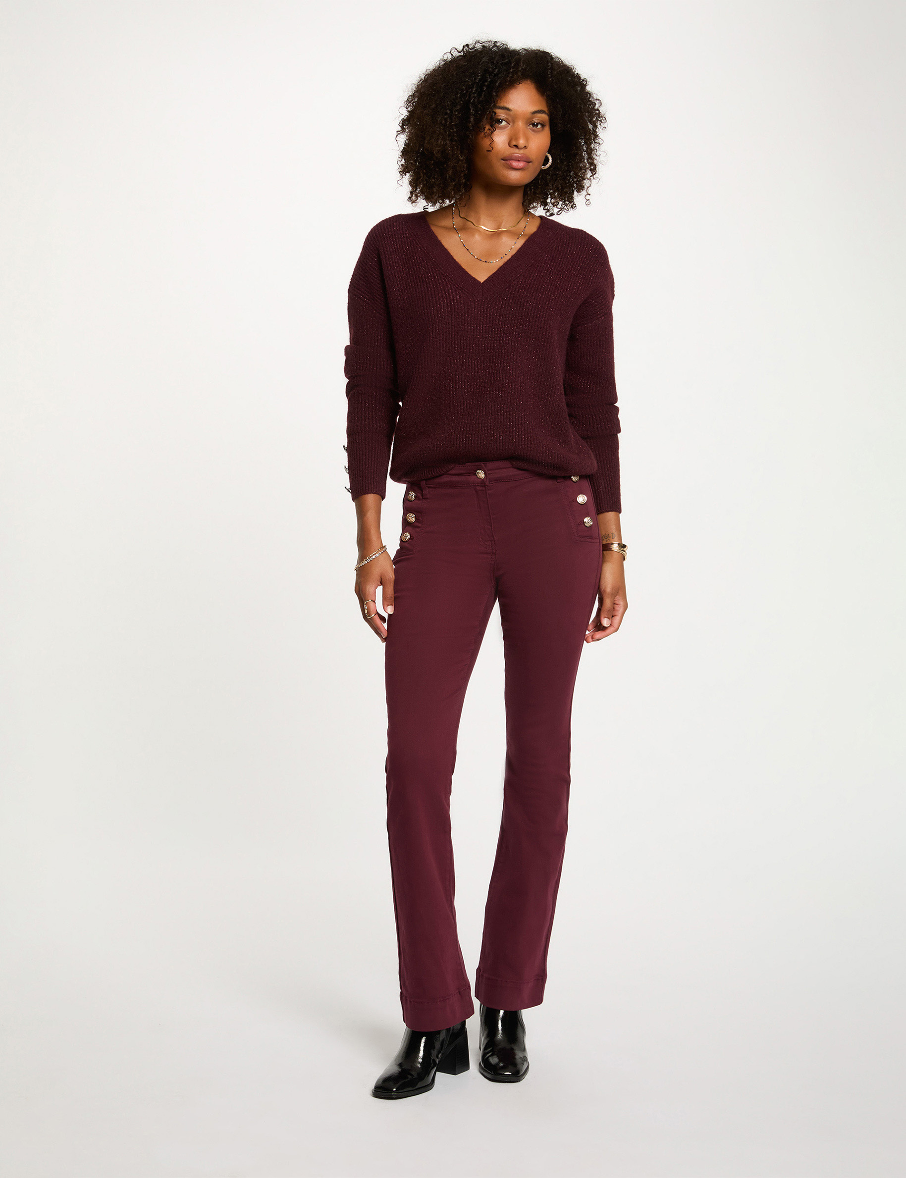 Jersey cuello en V oversize ciruela mujer