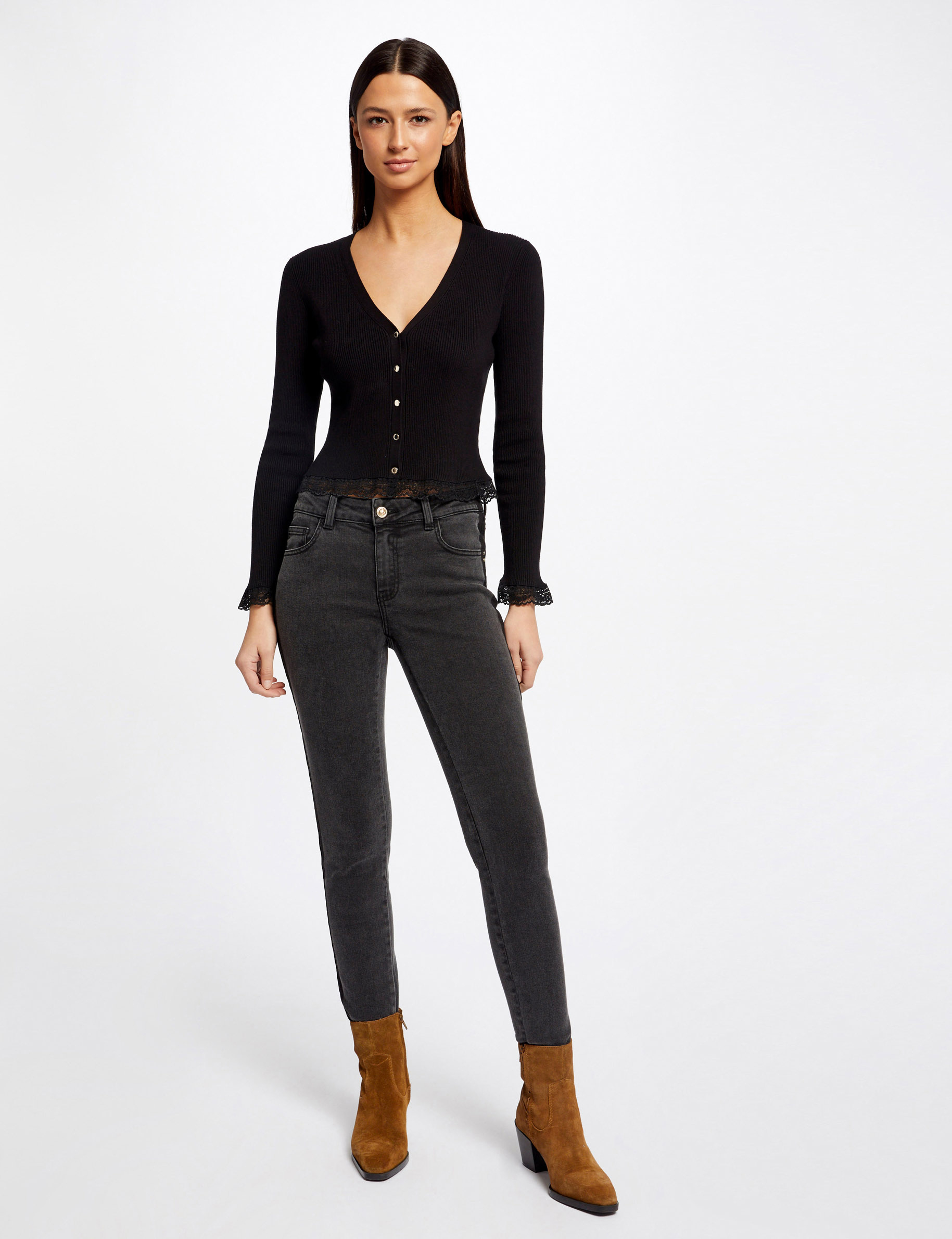 cardigan manga larga con encaje negro mujer Cárdigan manga larga con encaje negro mujer