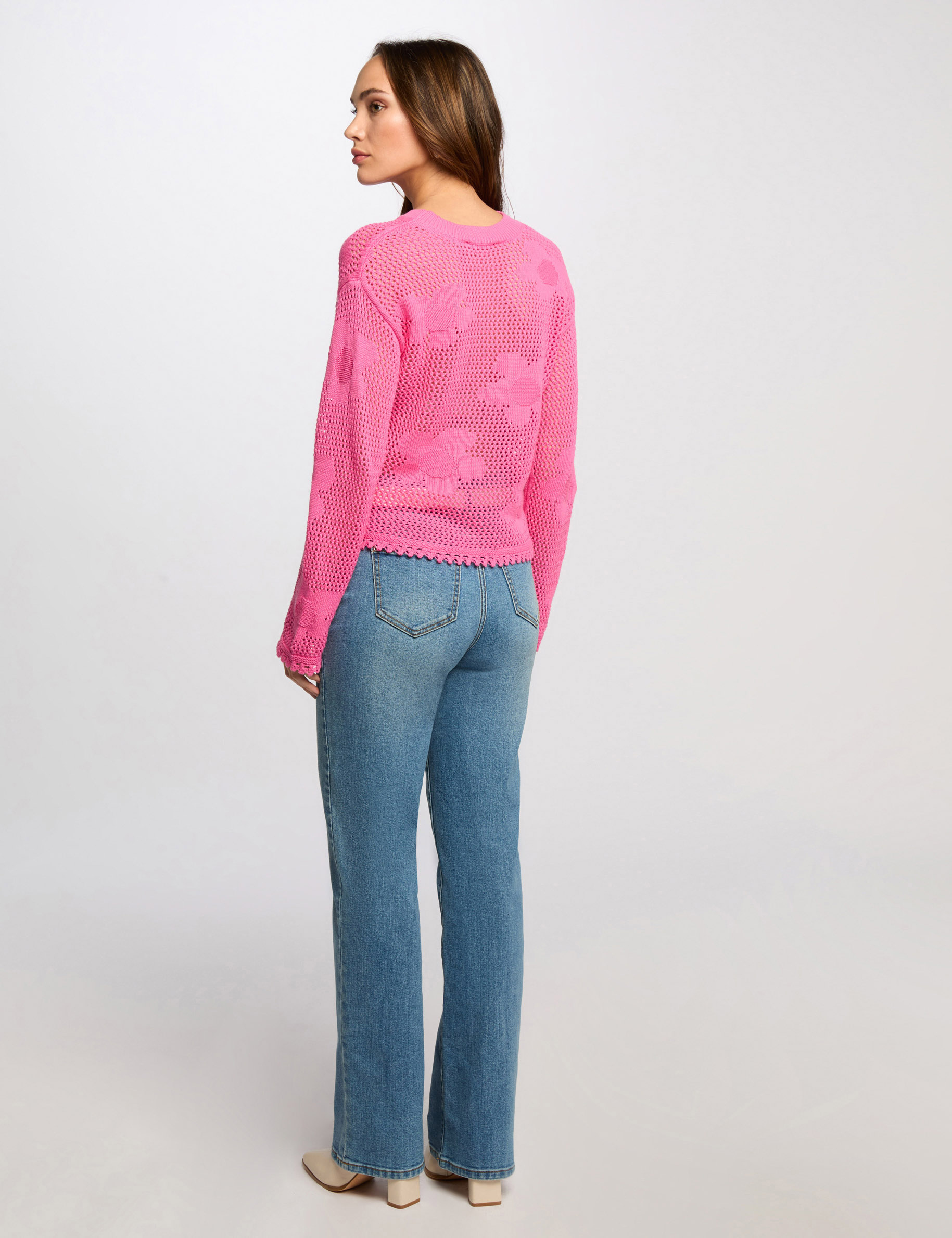jersey calado cuello redondo rosa mujer Jersey calado cuello redondo rosa mujer