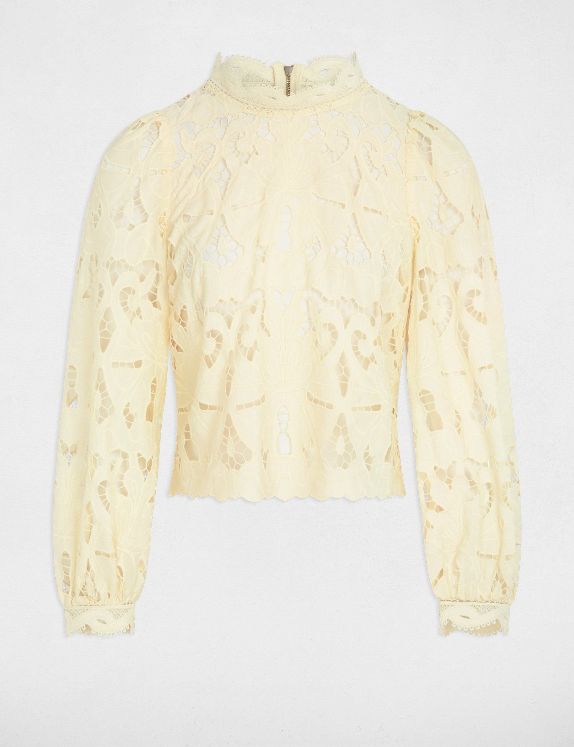 Blusa bordada cuello alto amarillo pastel mujer