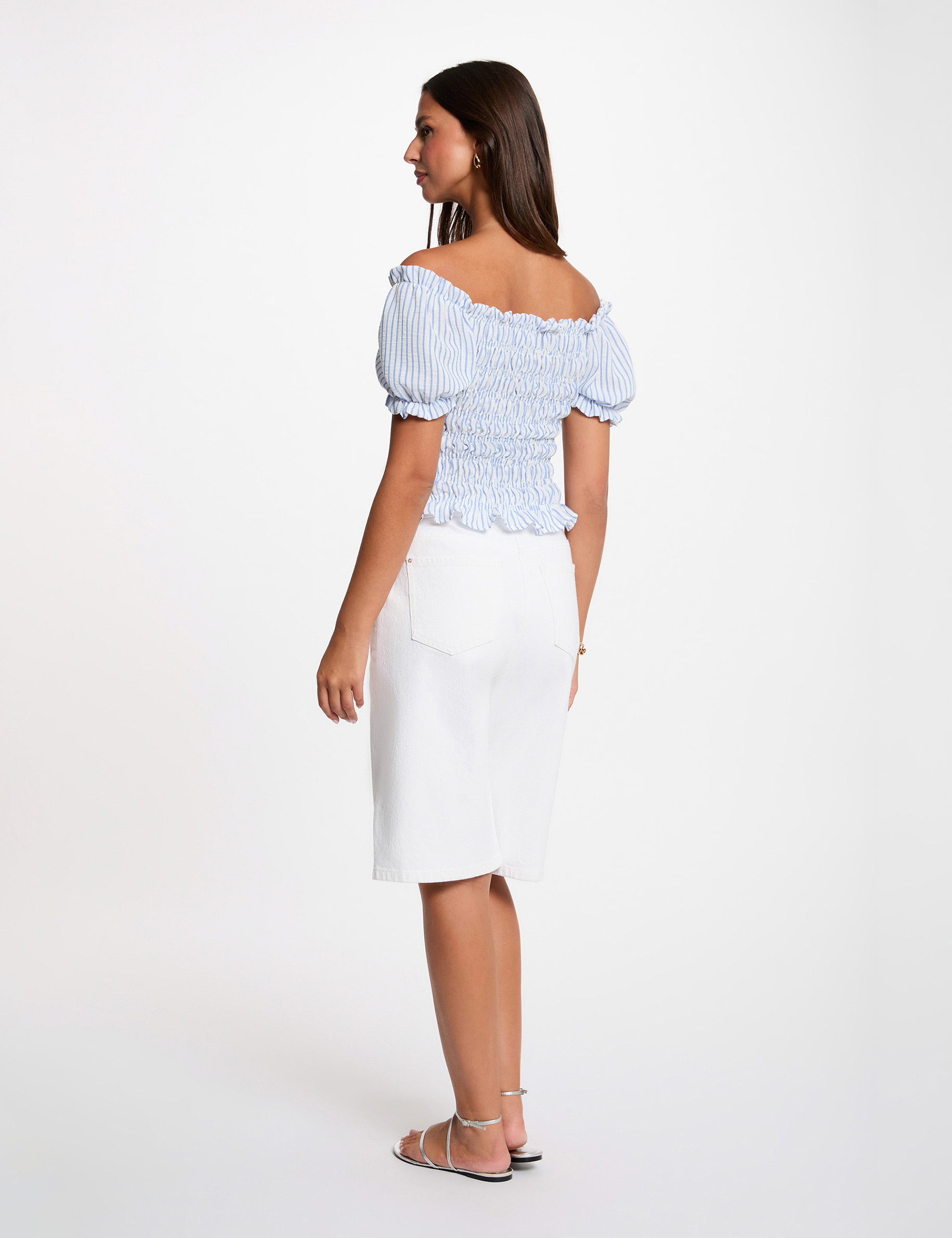 Blusa rayada bardot azul cielo mujer