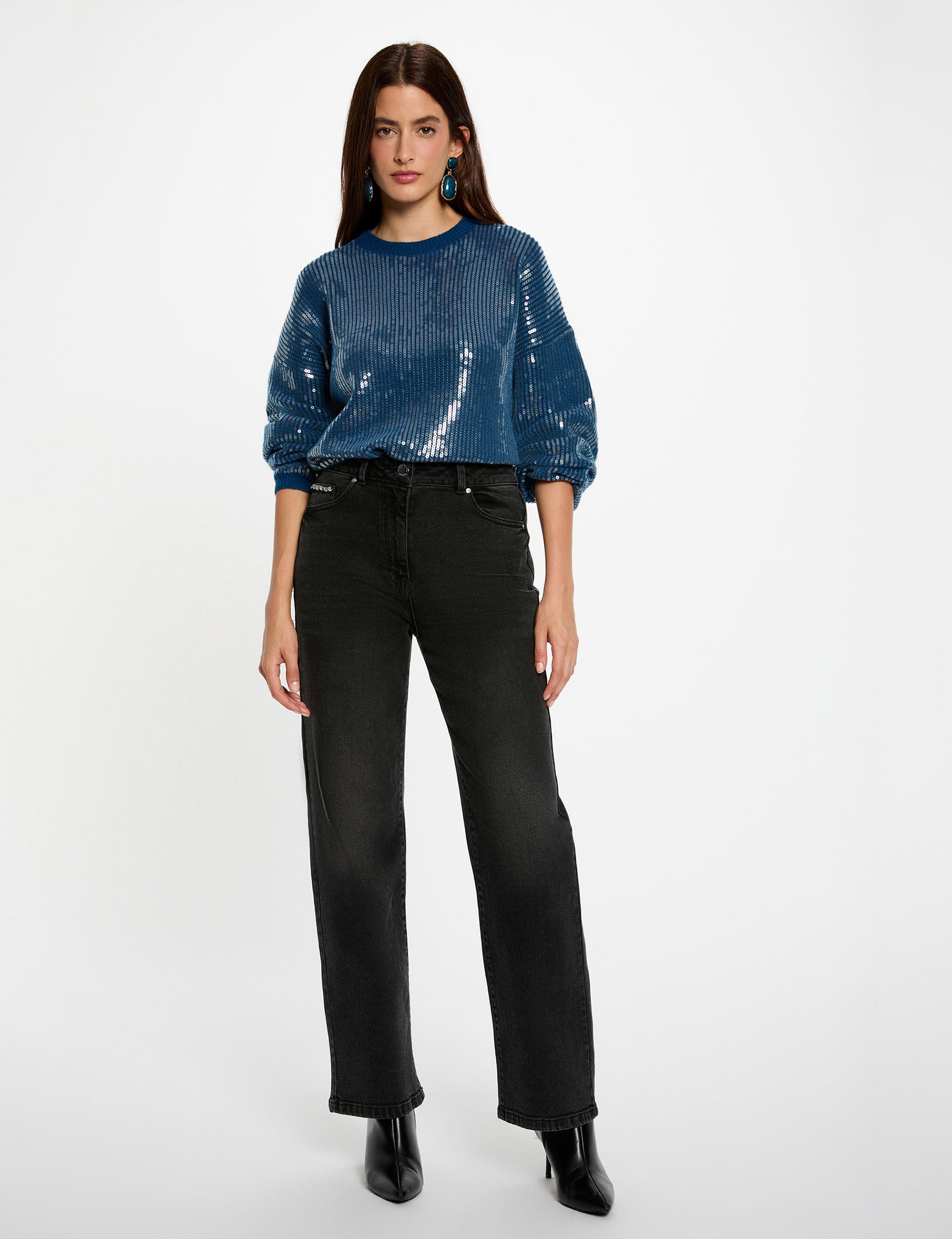 Jersey de lentejuelas cuello redondo azul petr&oacute;leo mujer