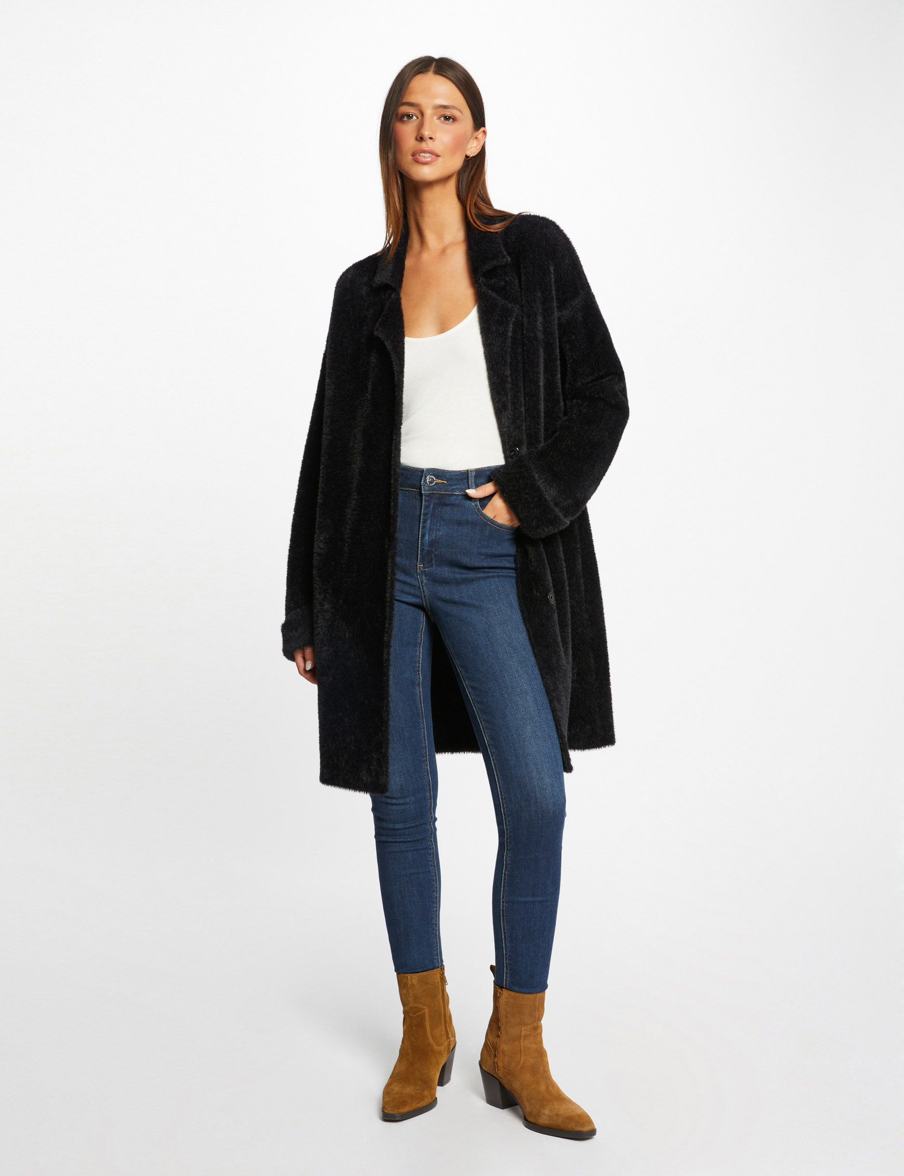cardigan largo recto punto aterciopelado negro mujer Cárdigan largo recto punto aterciopelado negro mujer