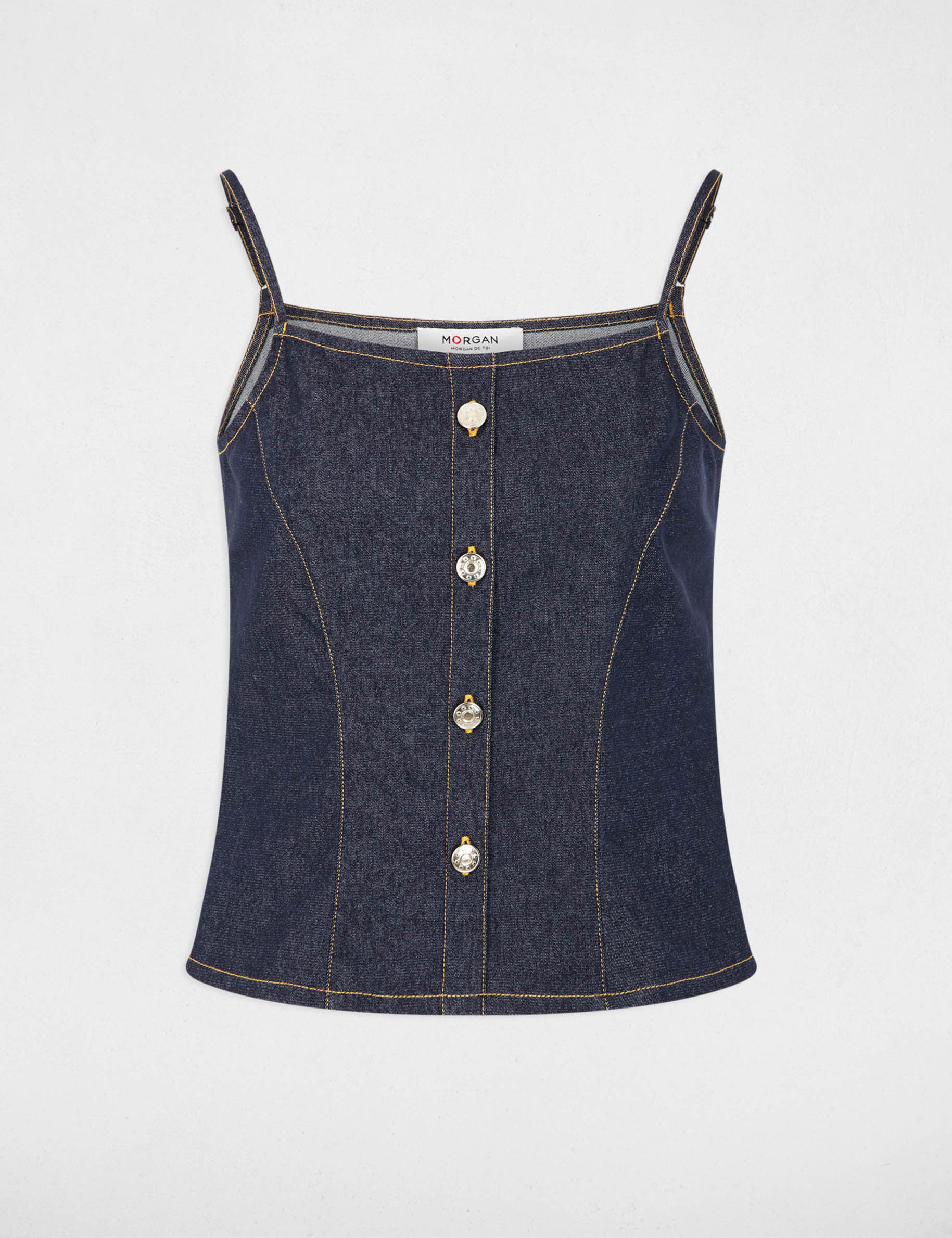 Top ajustado de denim denim crudo mujer