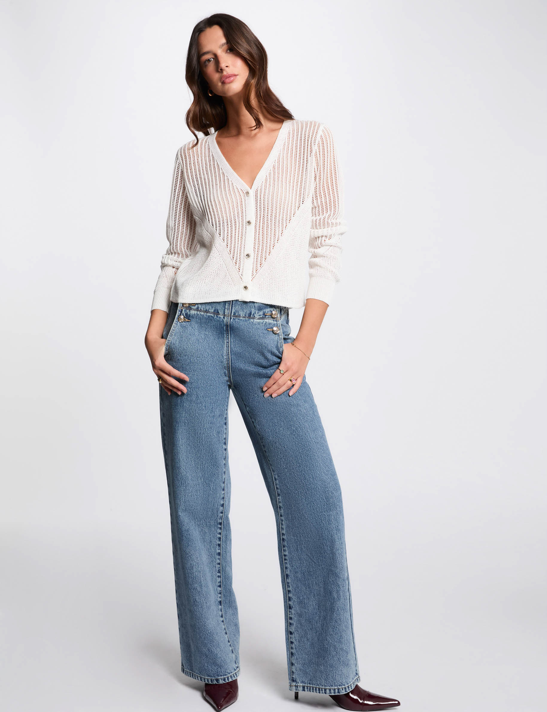 cardigan calado manga larga marfil mujer Cárdigan calado manga larga marfil mujer