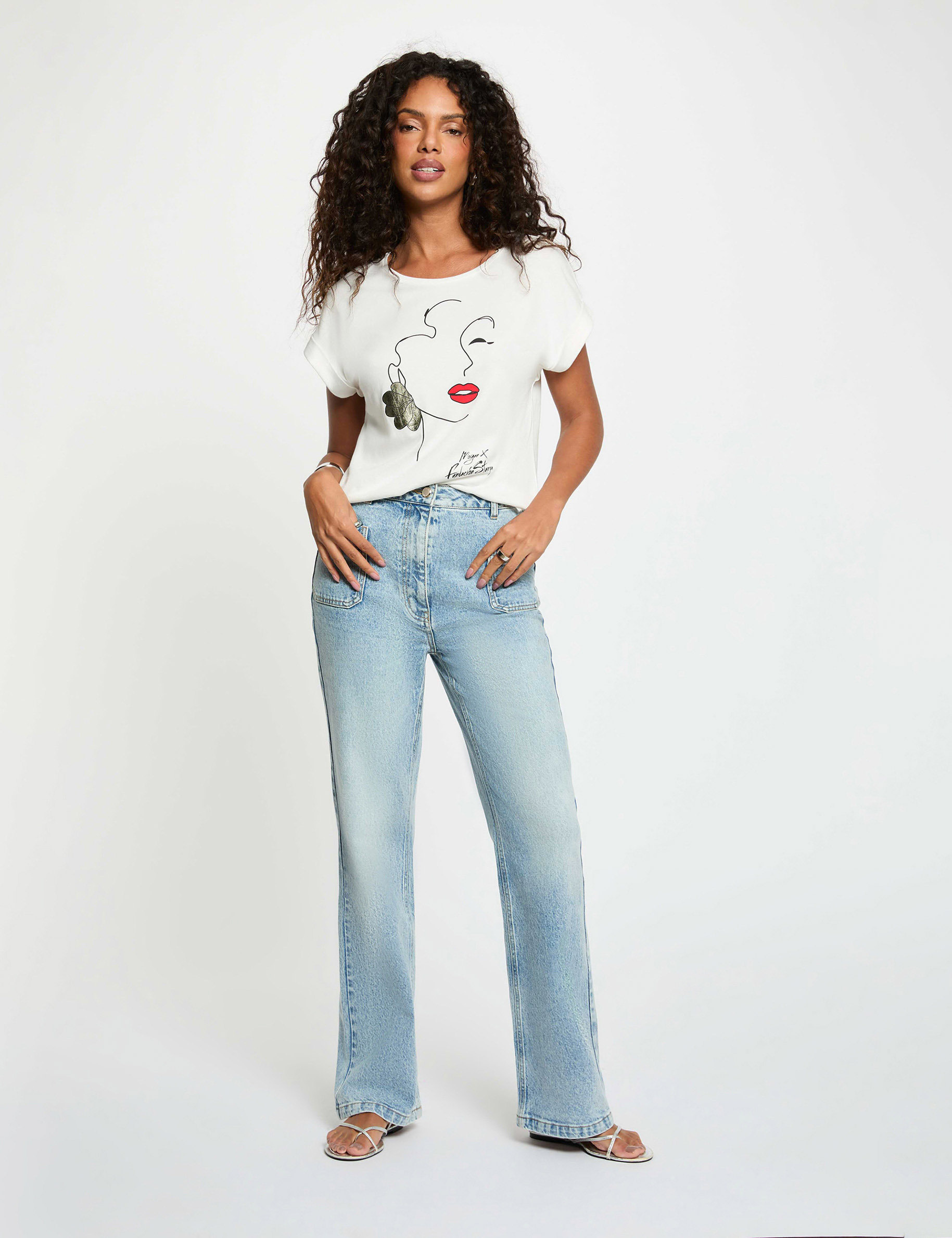 Camiseta recta con cuello redondo blanco mujer