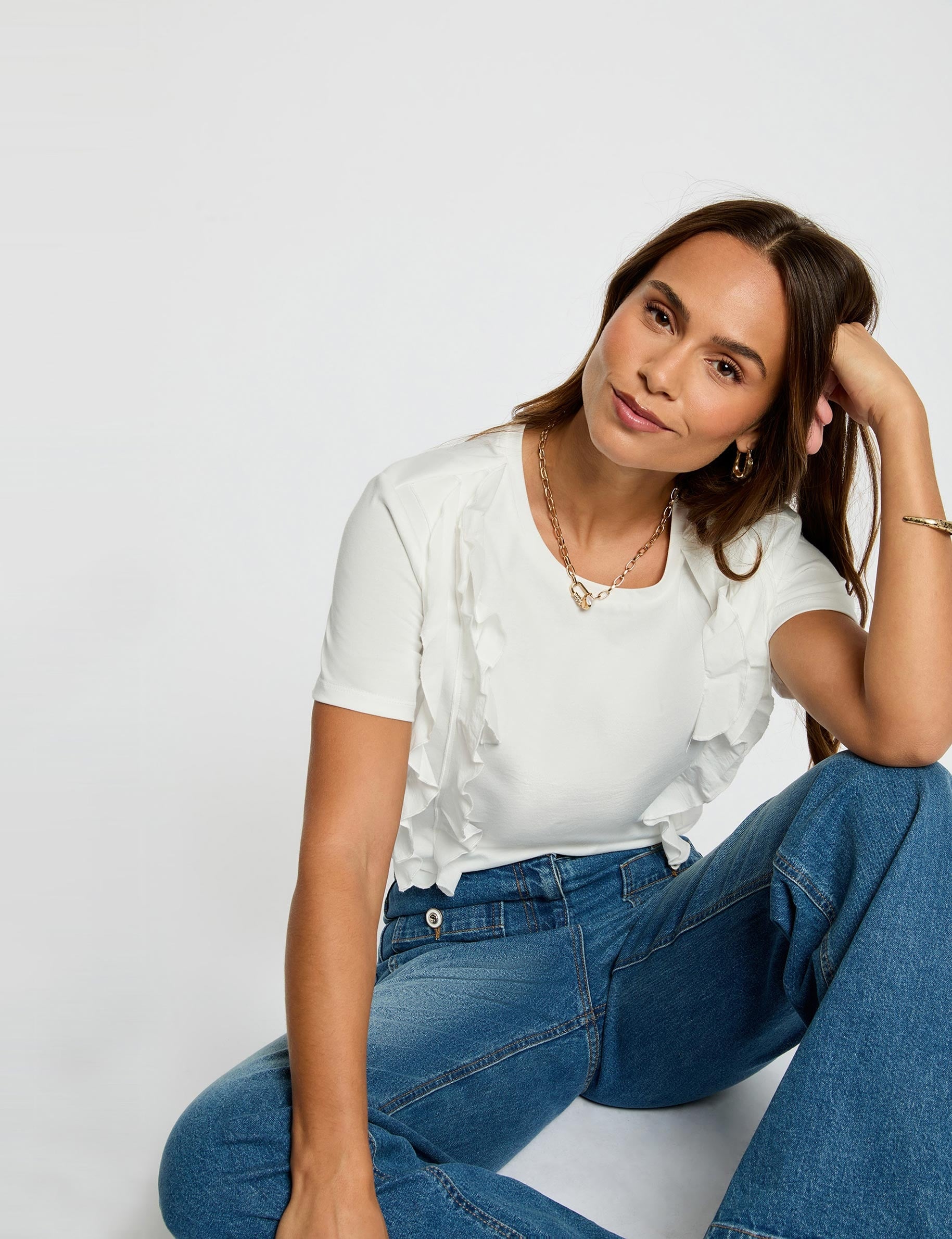 Camiseta con volantes blanco mujer