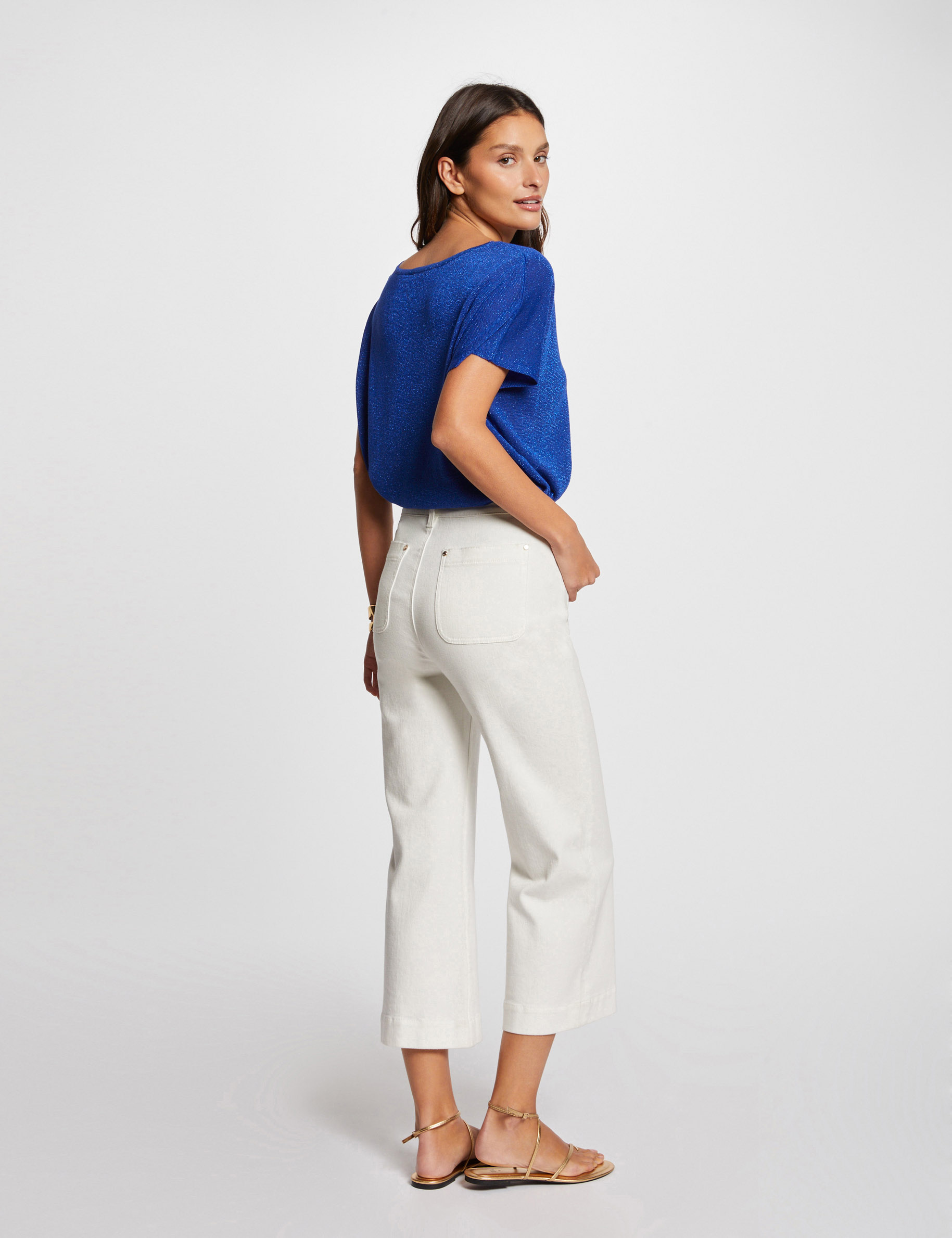 Jersey escote en V manga corta azul eléctrico mujer