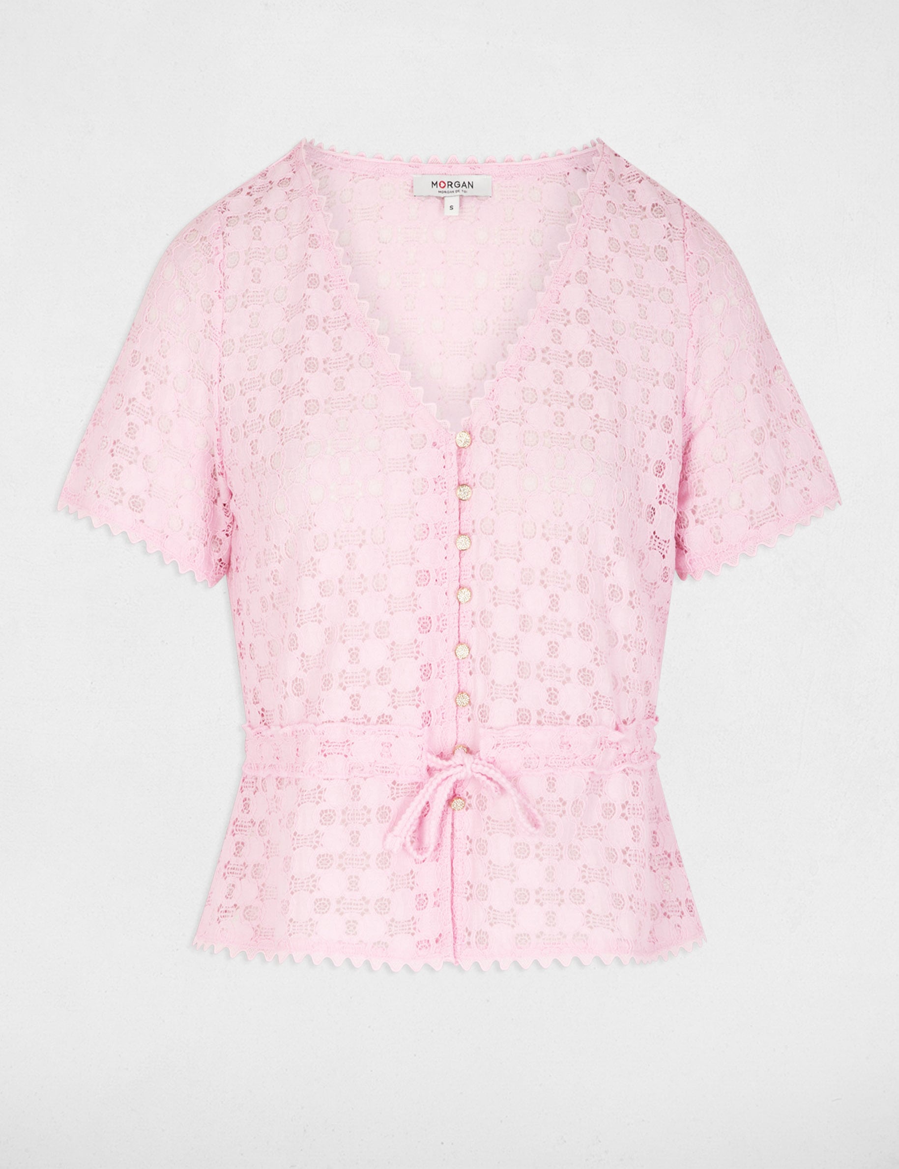 Camiseta manga corta de encaje rosa mujer