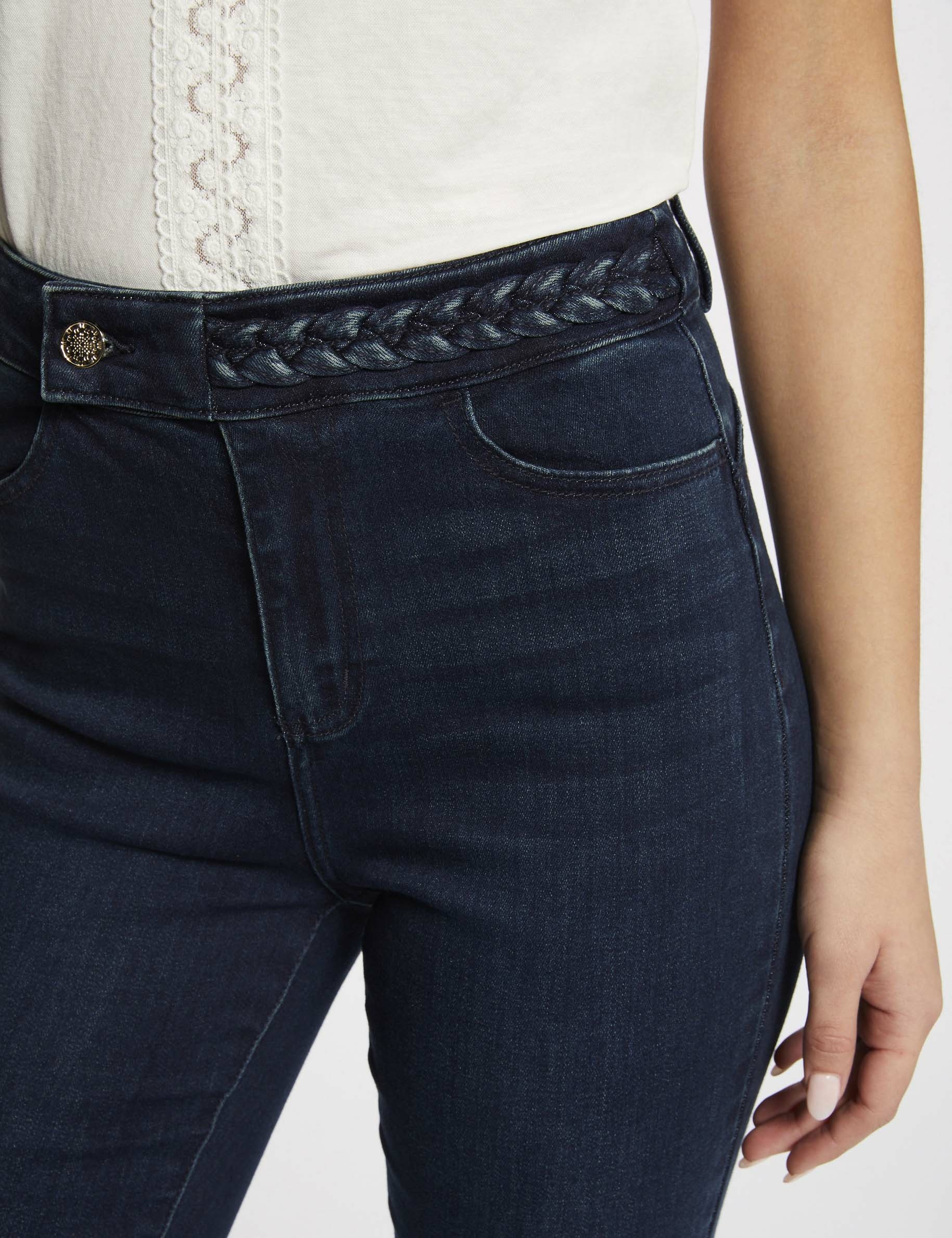 Vaquero recto con detalles trenzados denim crudo mujer