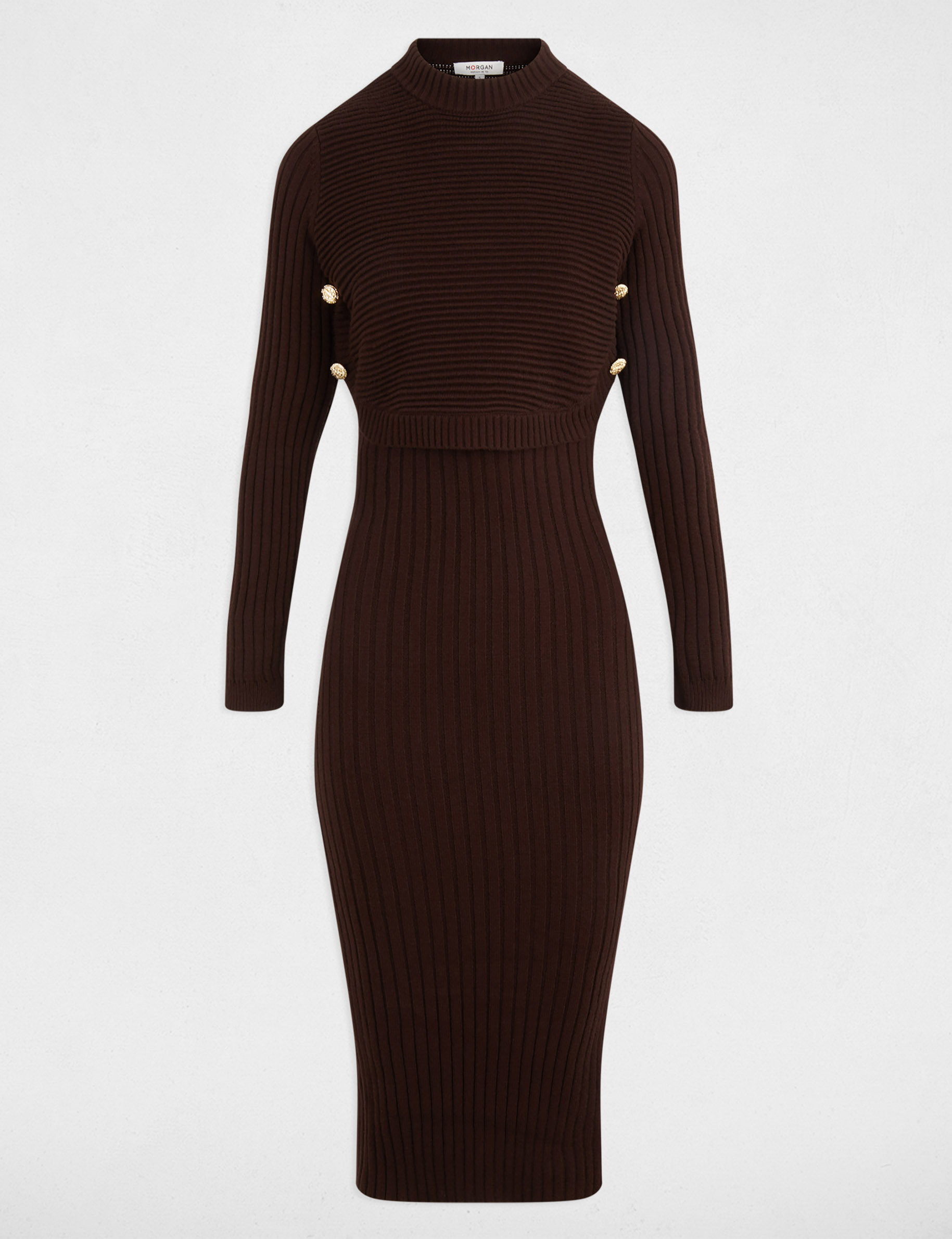 Vestido de punto ajustado manga larga marr&oacute;n oscuro mujer