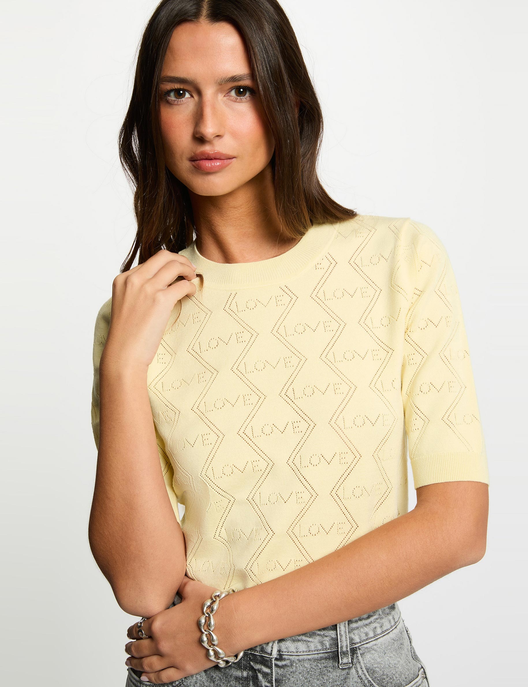 Jersey calado mangas 3/4 amarillo pastel mujer