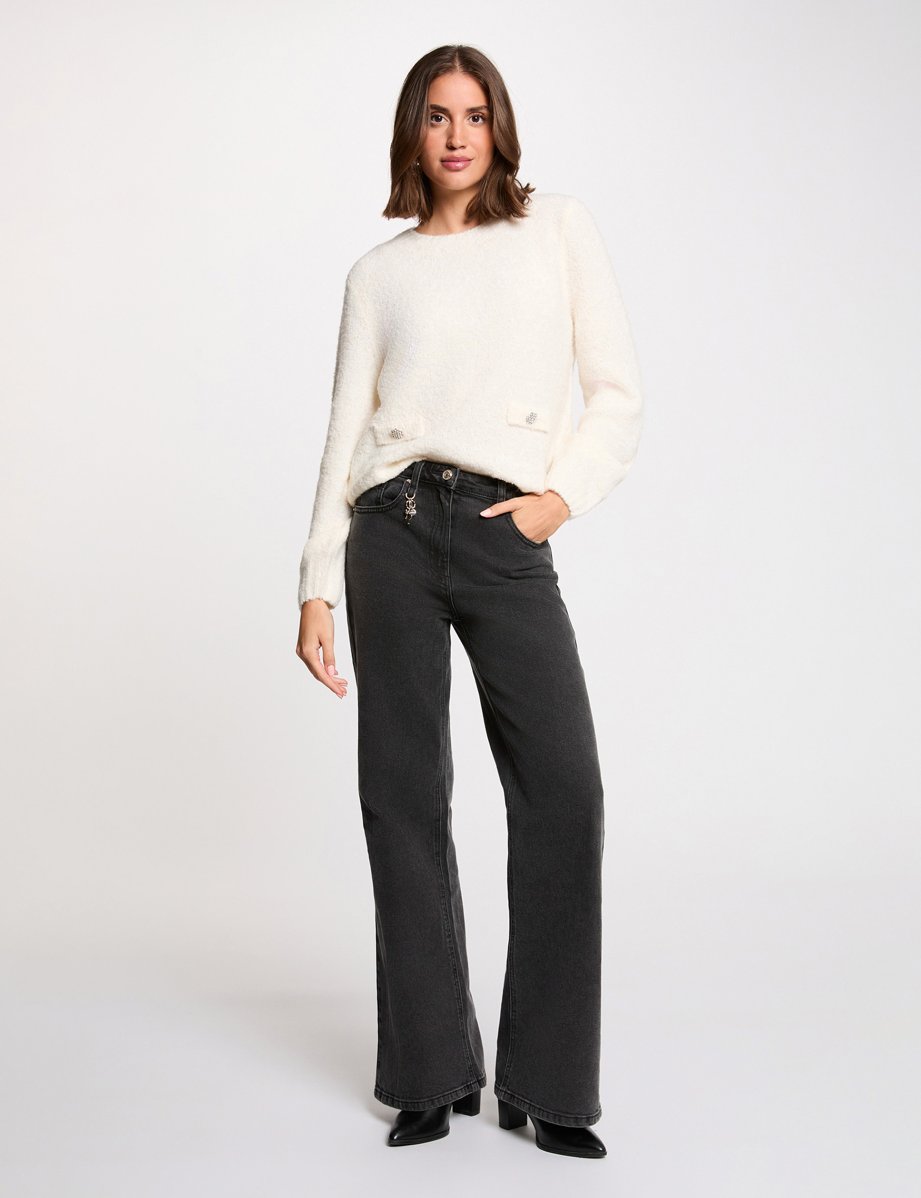 Jersey grueso con cuello redondo marfil mujer