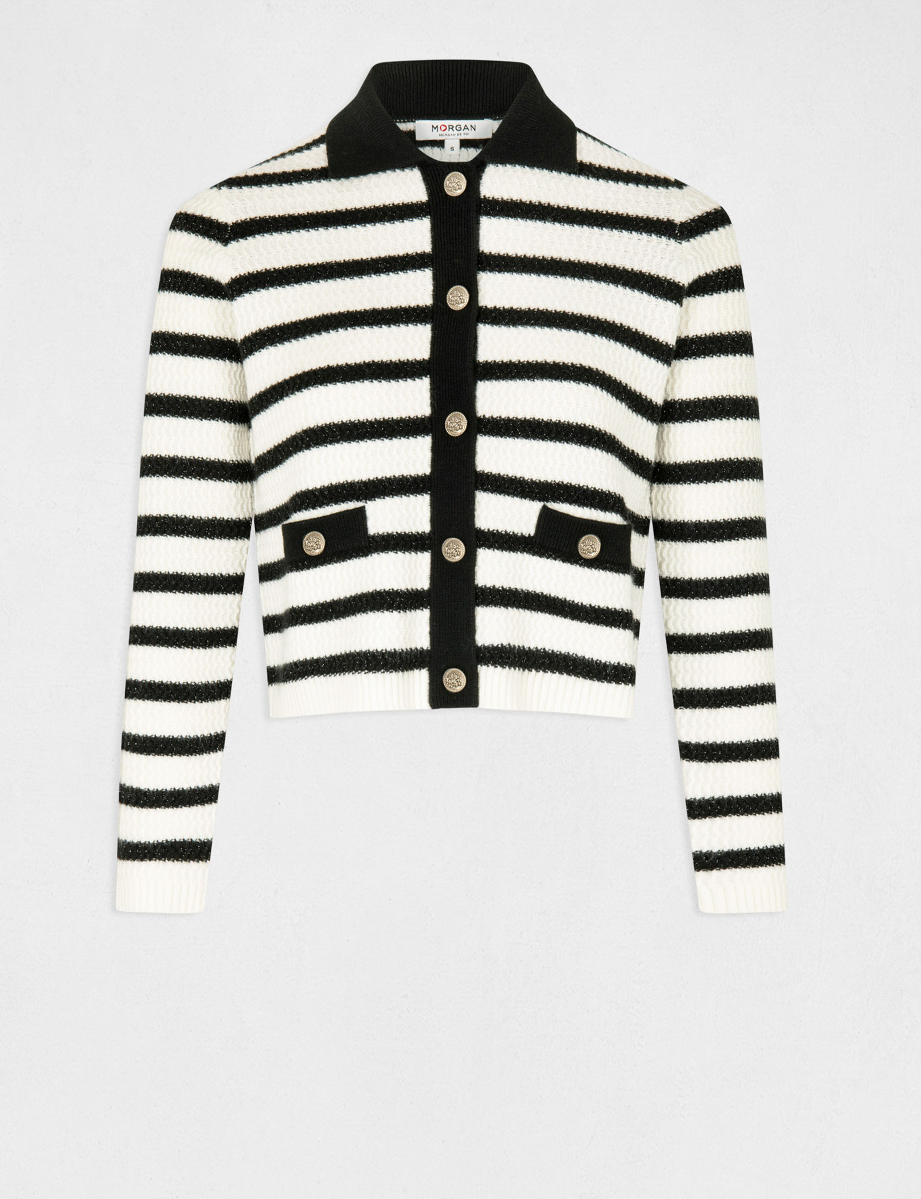 cardigan recto abotonado con rayas crudo mujer Cárdigan recto abotonado con rayas crudo mujer