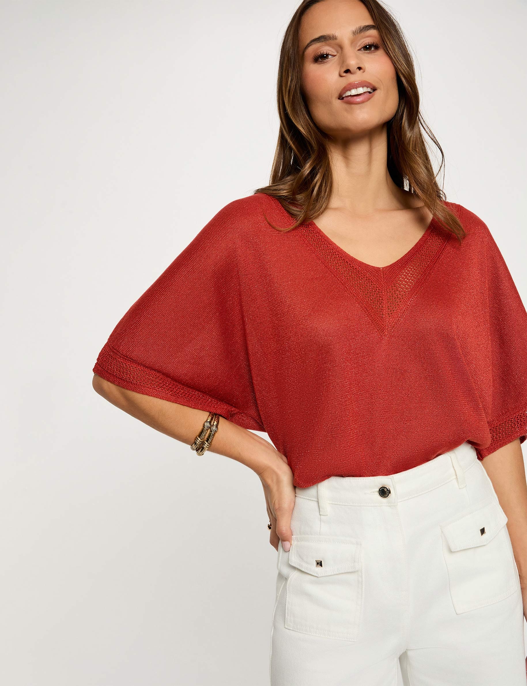 Jersey escote en V manga corta naranja oscuro mujer