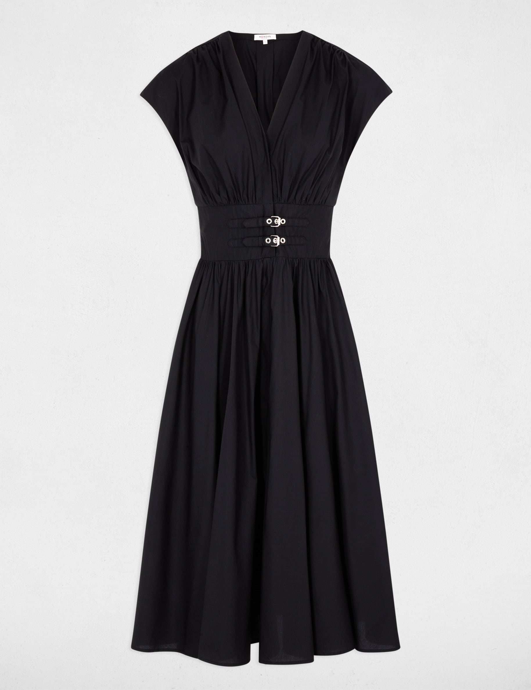Vestido midi con cuello en V negro mujer