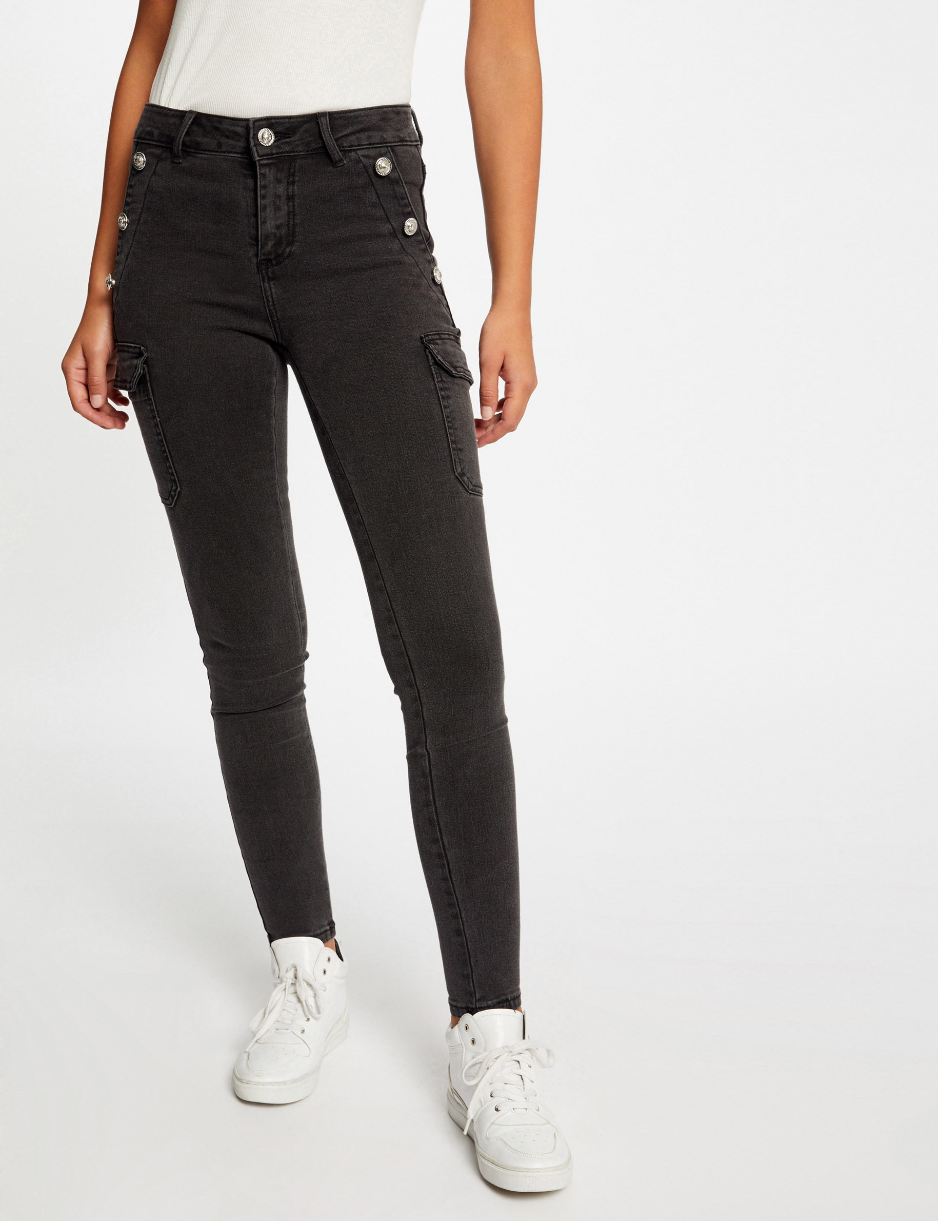 vaquero cargo skinny con botones gris moyen mujer Vaquero cargo skinny con botones gris moyen mujer