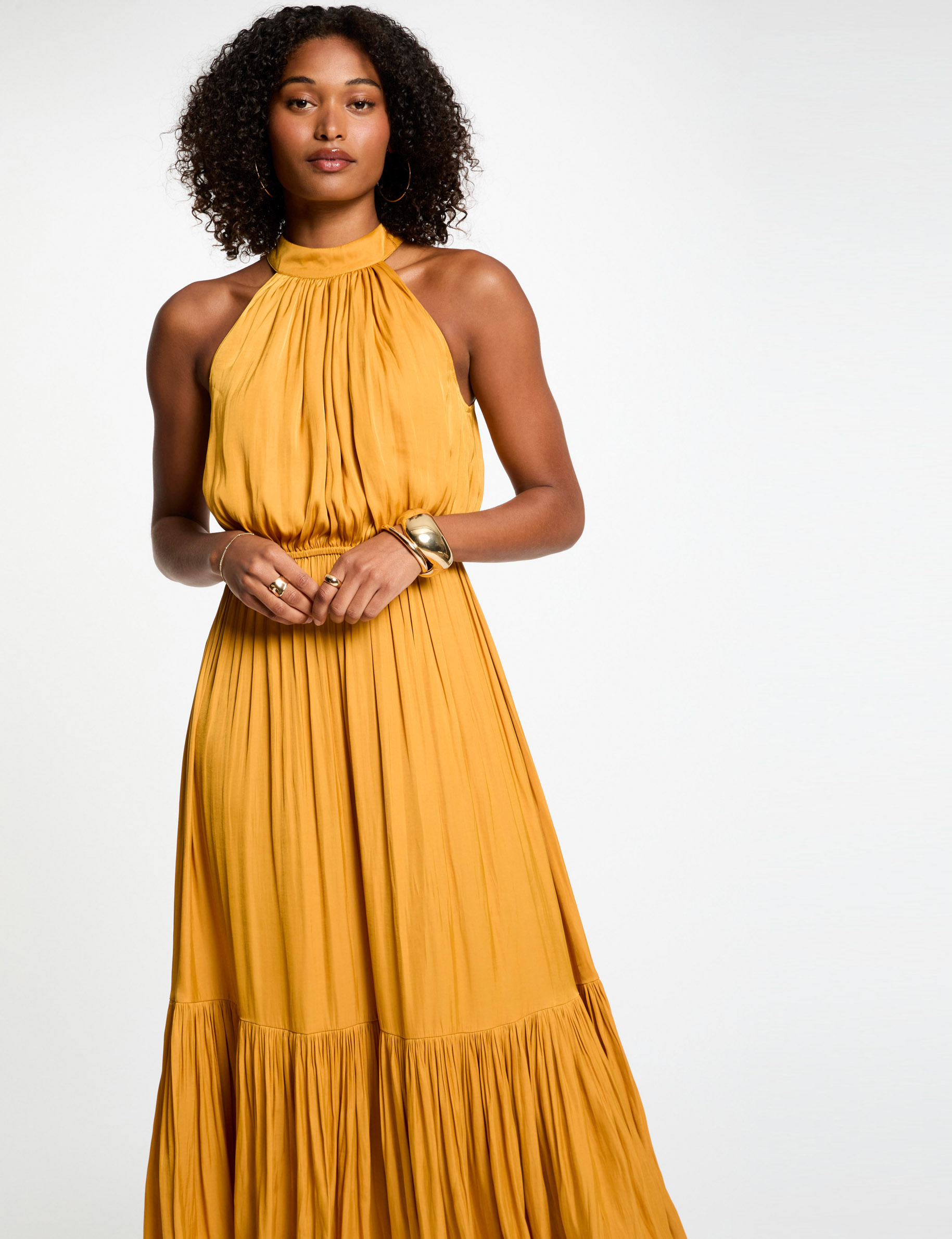vestido largo acampanado holgado amarillo mostaza mujer Vestido largo acampanado holgado amarillo mostaza mujer