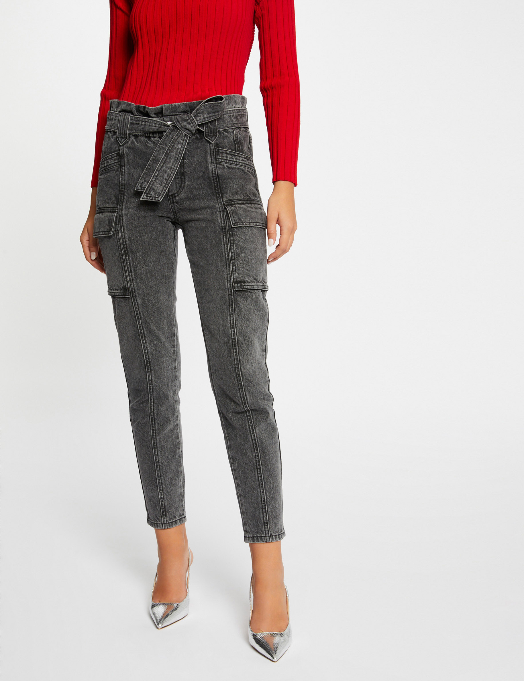 Vaquero cargo slim estilo corto gris moyen mujer