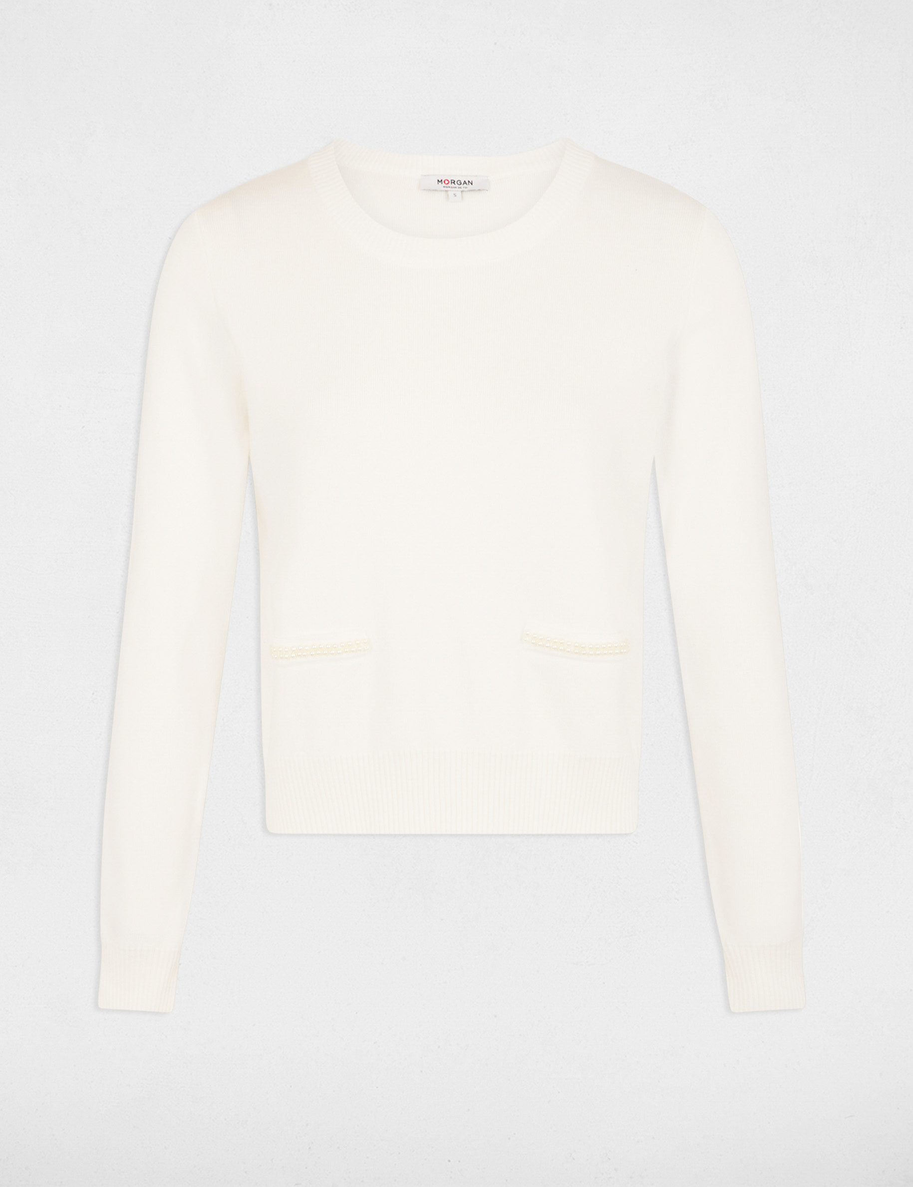 jersey cuello redondo y perlas blanco mujer Jersey cuello redondo y perlas blanco mujer