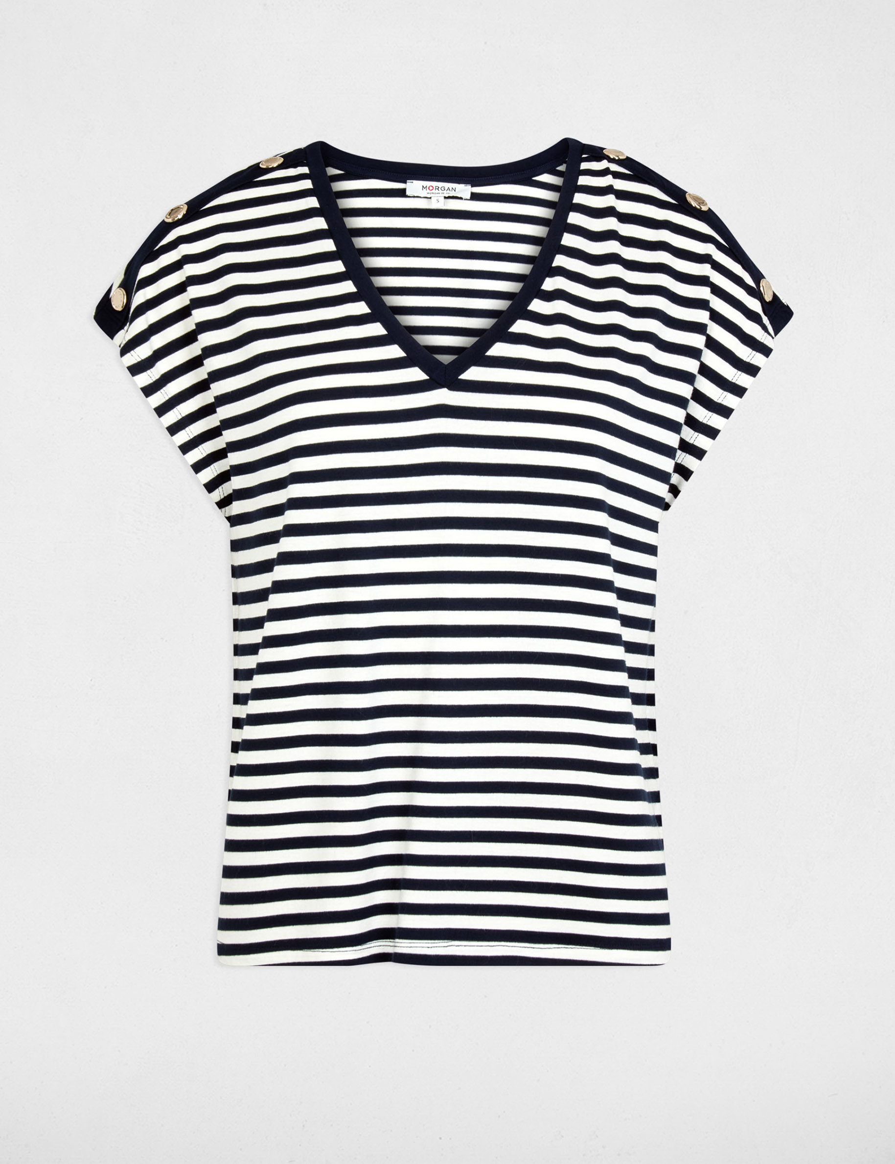 Camiseta de rayas con cuello v azul marino mujer