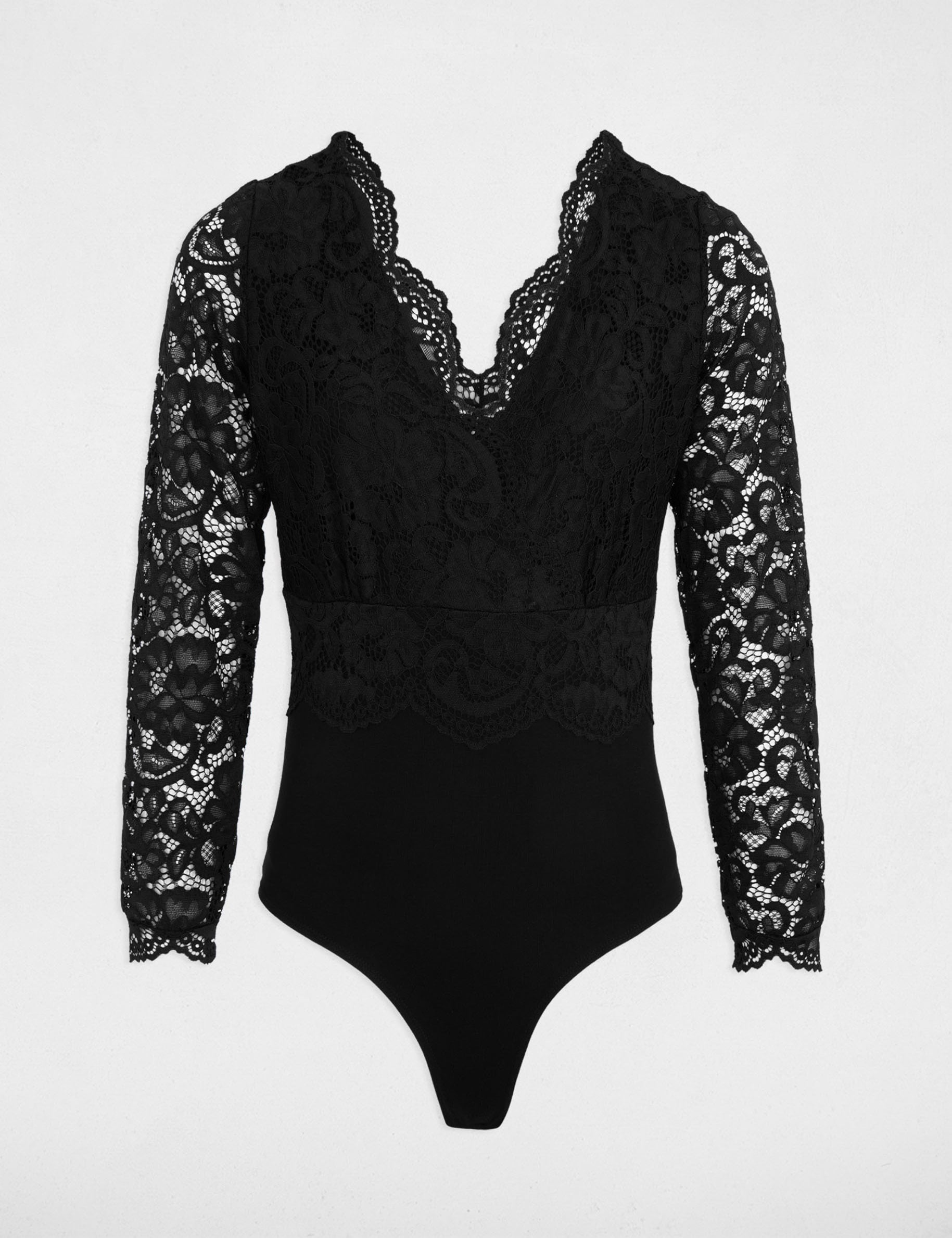 Body de encaje con cuello en v negro mujer