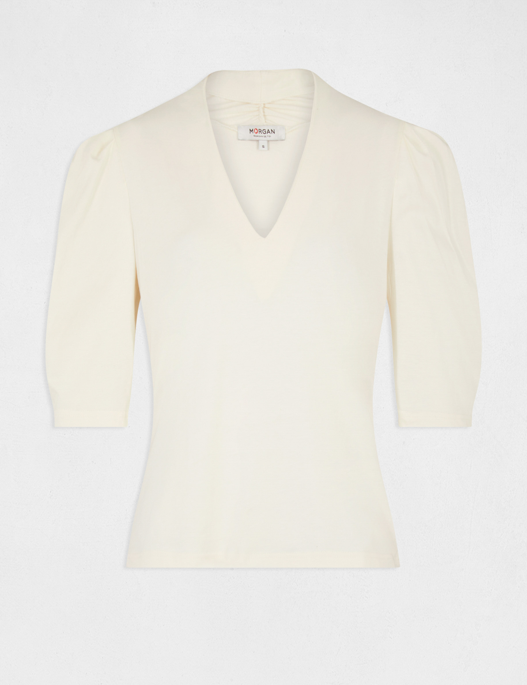 Camiseta manga 3/4 abullonada crudo medio mujer