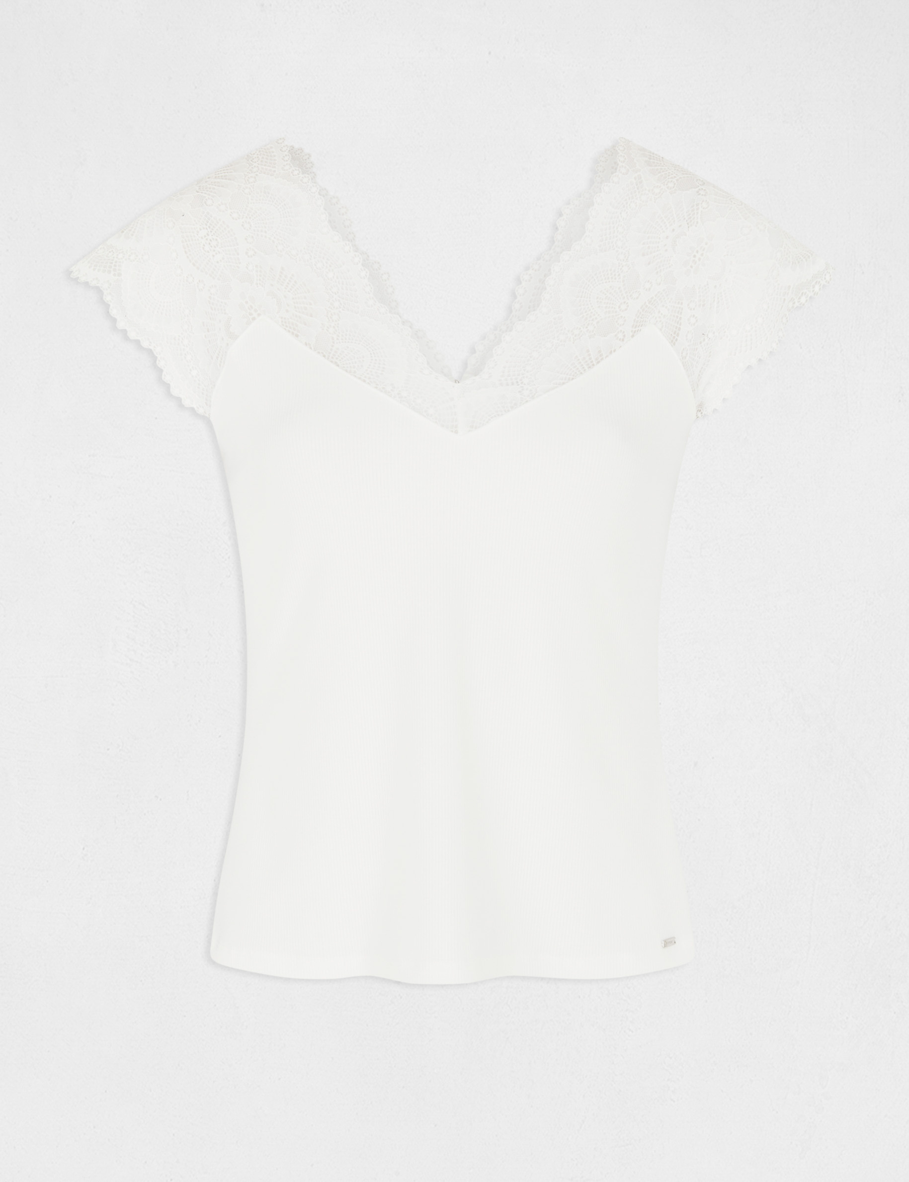 Camiseta manga corta con encaje marfil mujer