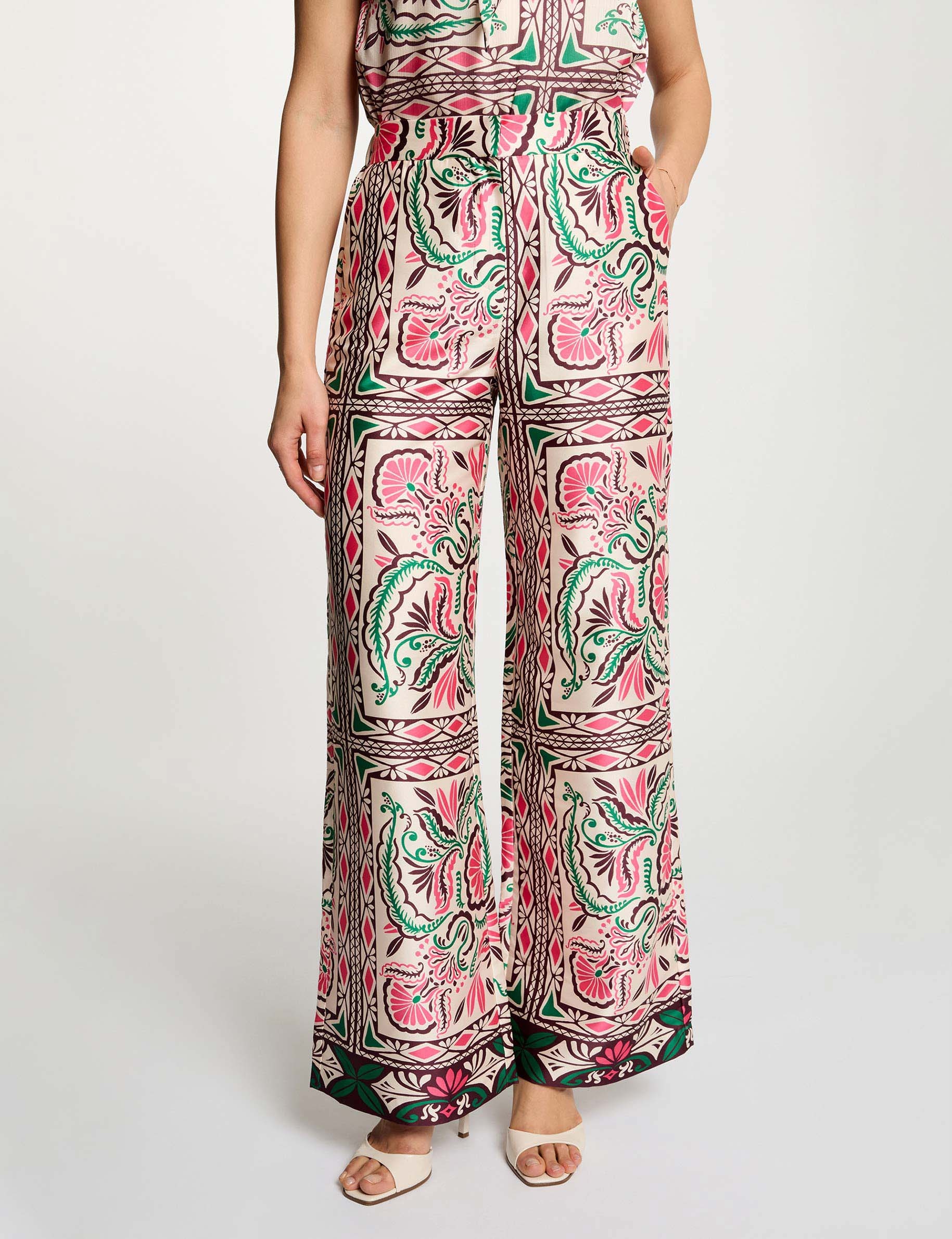Pantal&oacute;n ancho satinado multicolor mujer