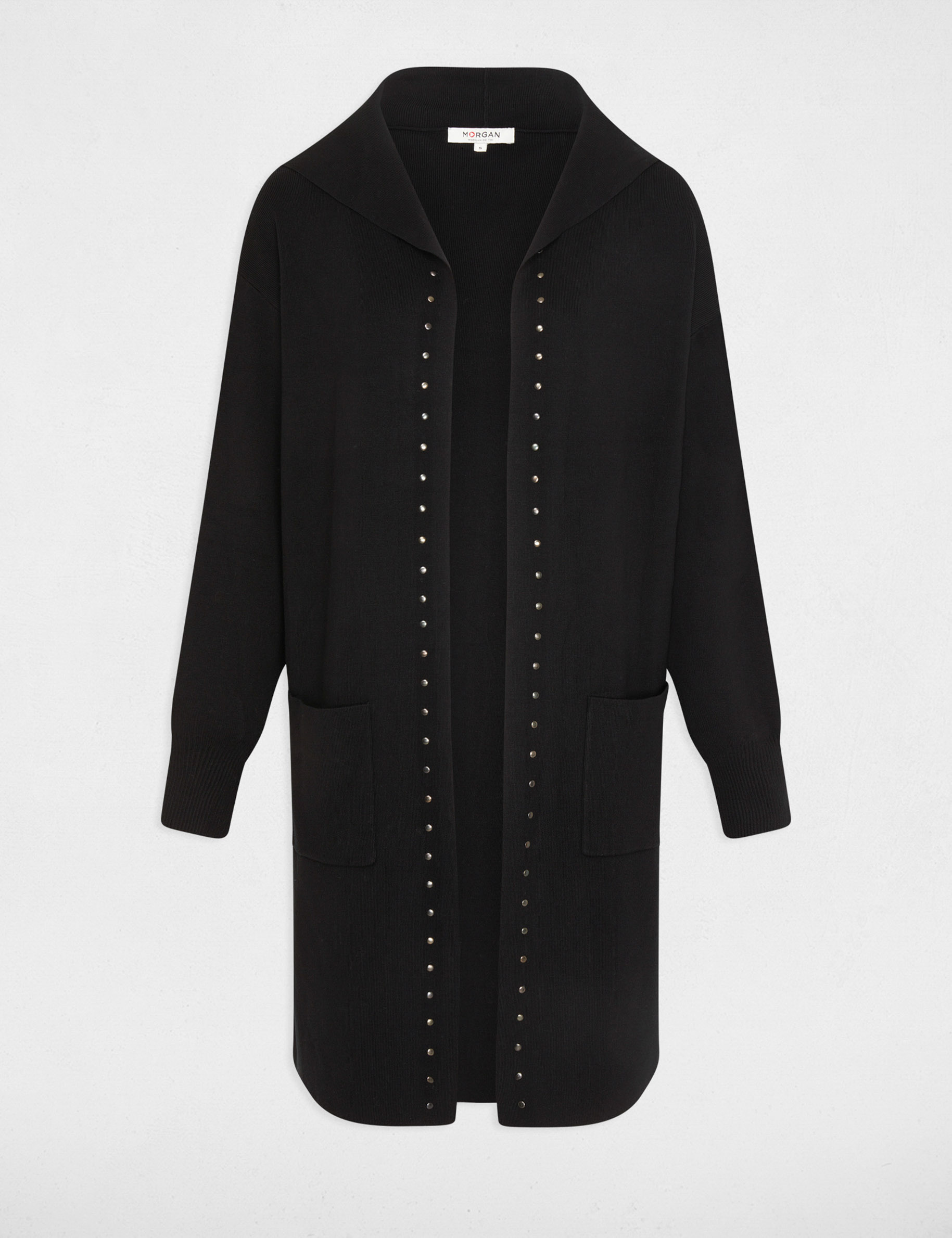 cardigan largo con capucha y tachuelas negro mujer Cárdigan largo con capucha y tachuelas negro mujer