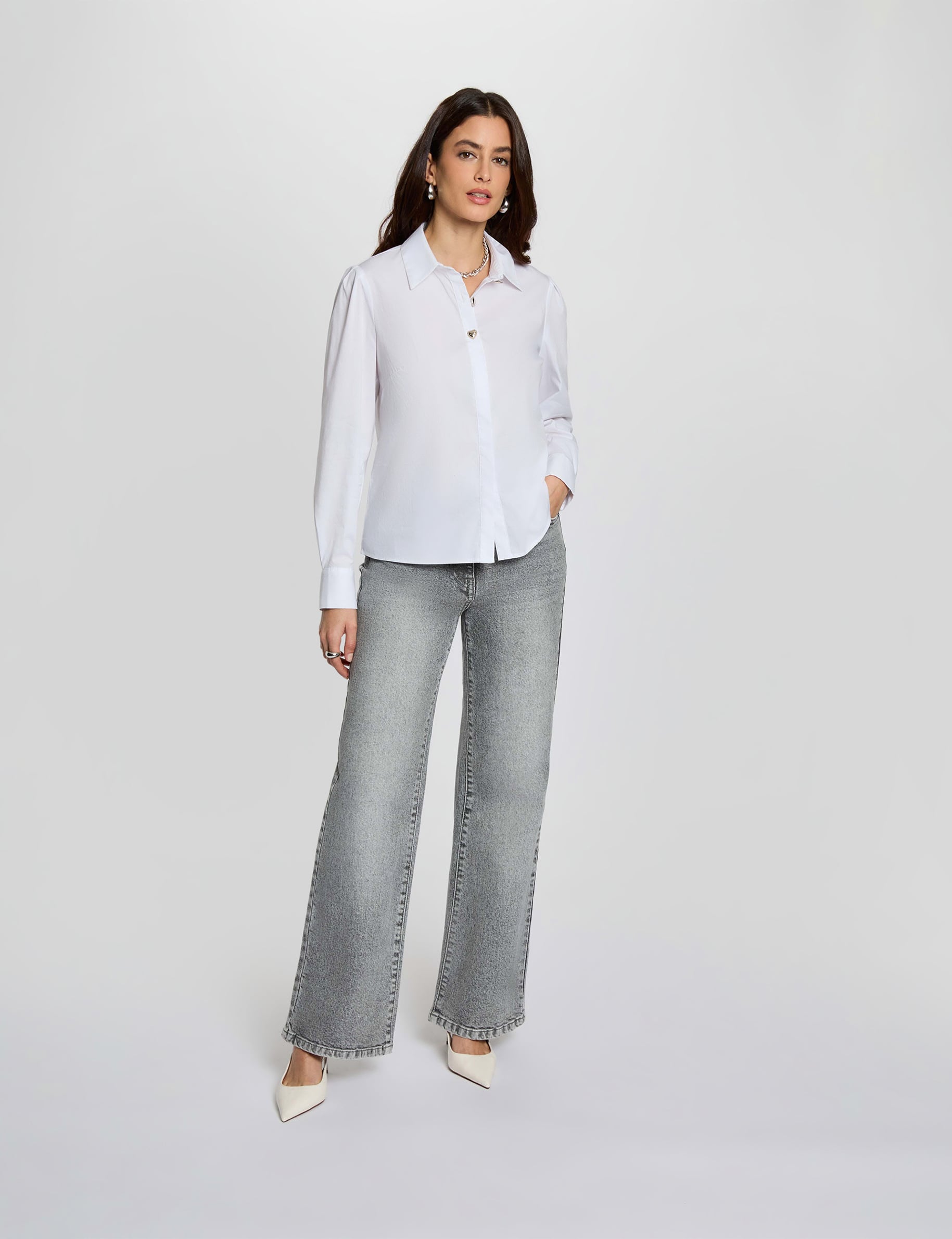 Camisa recta con cuello de solapa blanco mujer