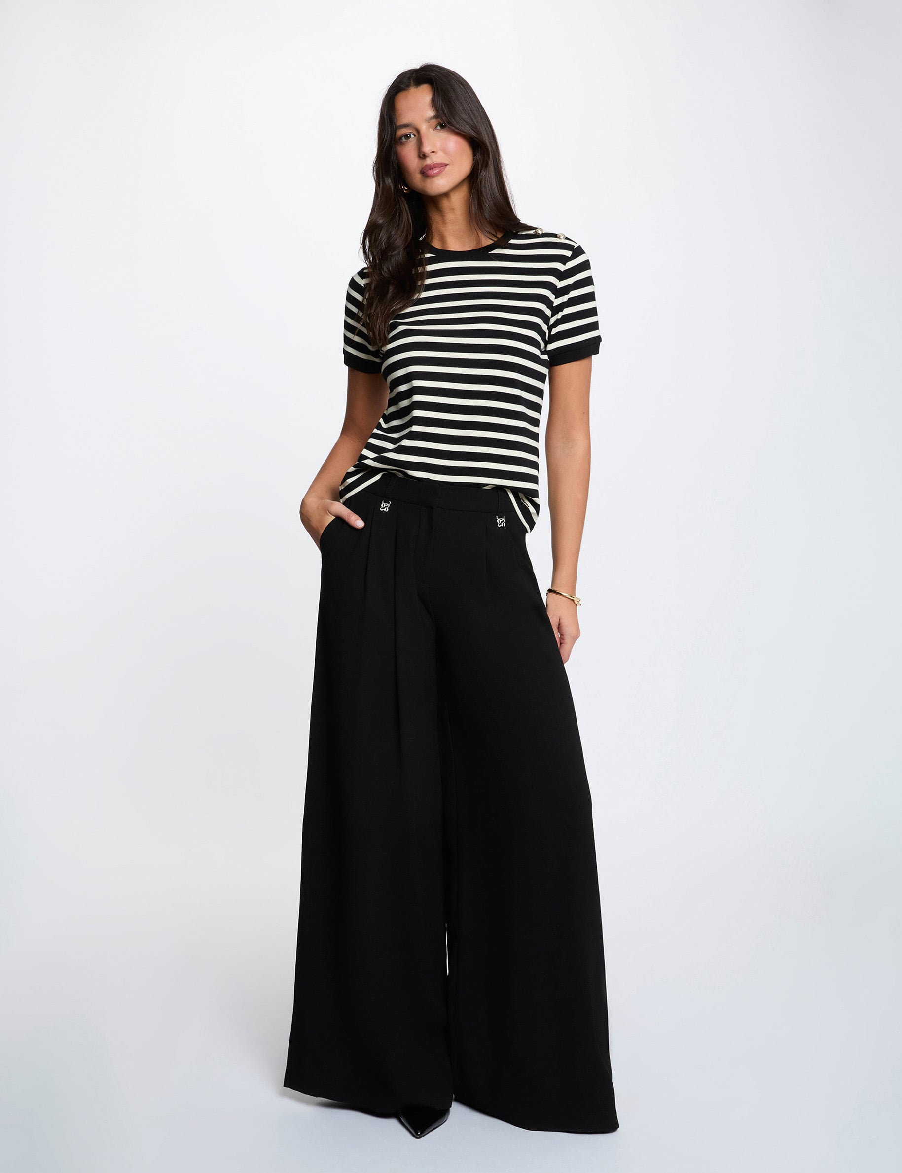 Camiseta de rayas con cuello redondo negro mujer