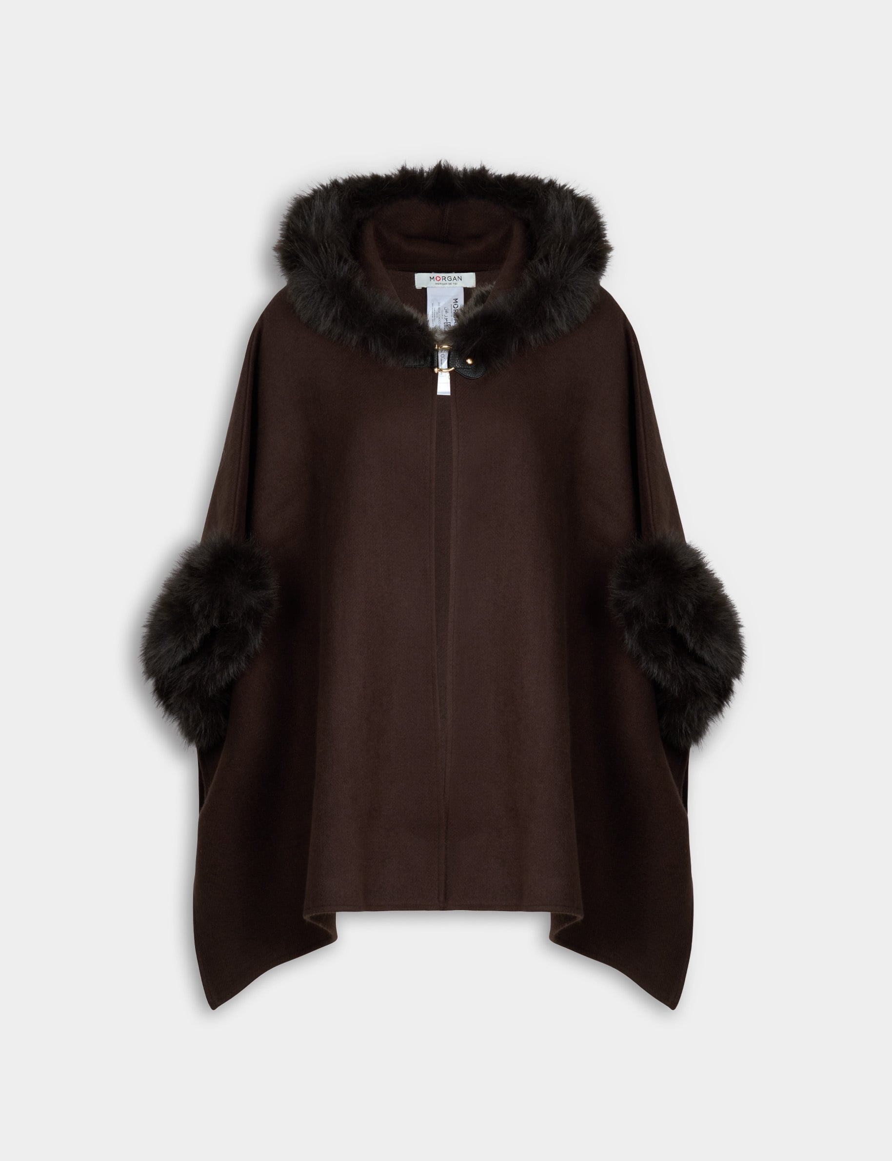 Poncho de pelo sint&eacute;tico marr&oacute;n oscuro mujer