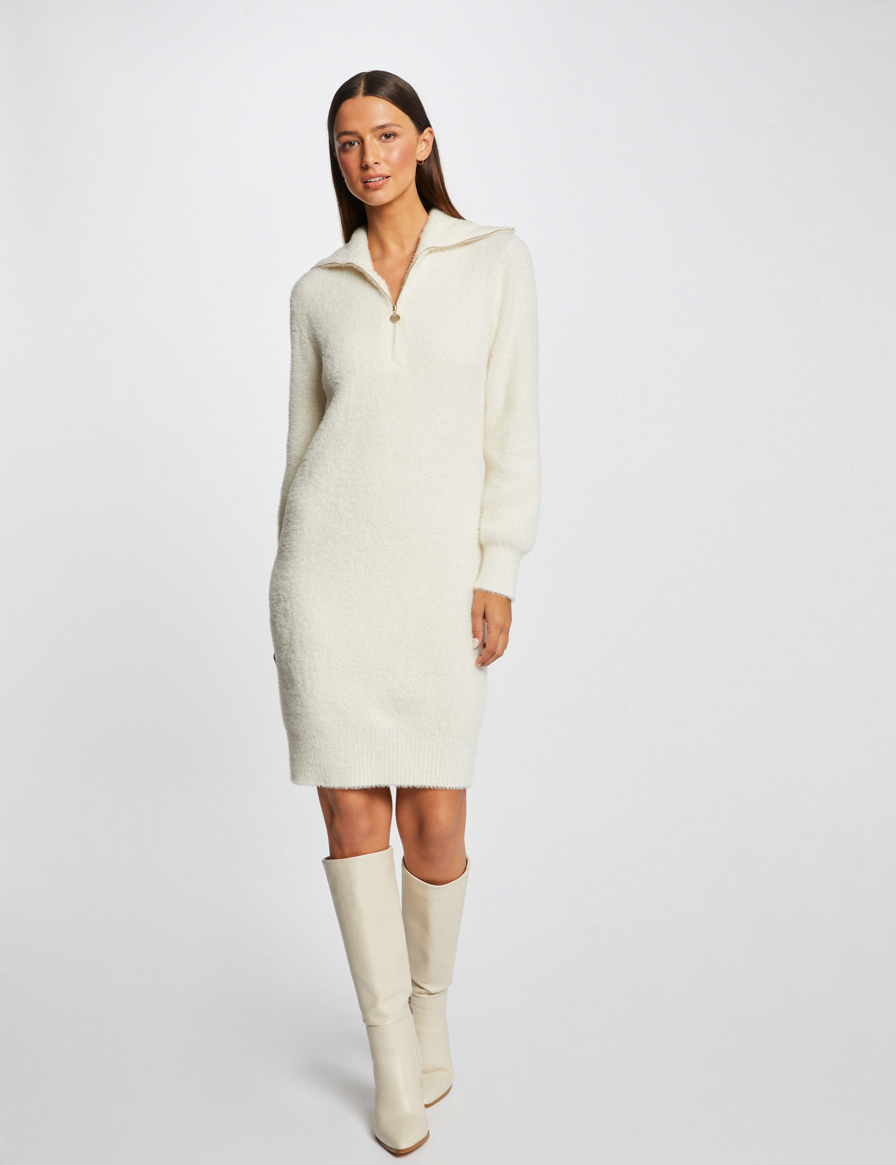 vestido de punto cuello con cremallera marfil mujer Vestido de punto cuello con cremallera marfil mujer