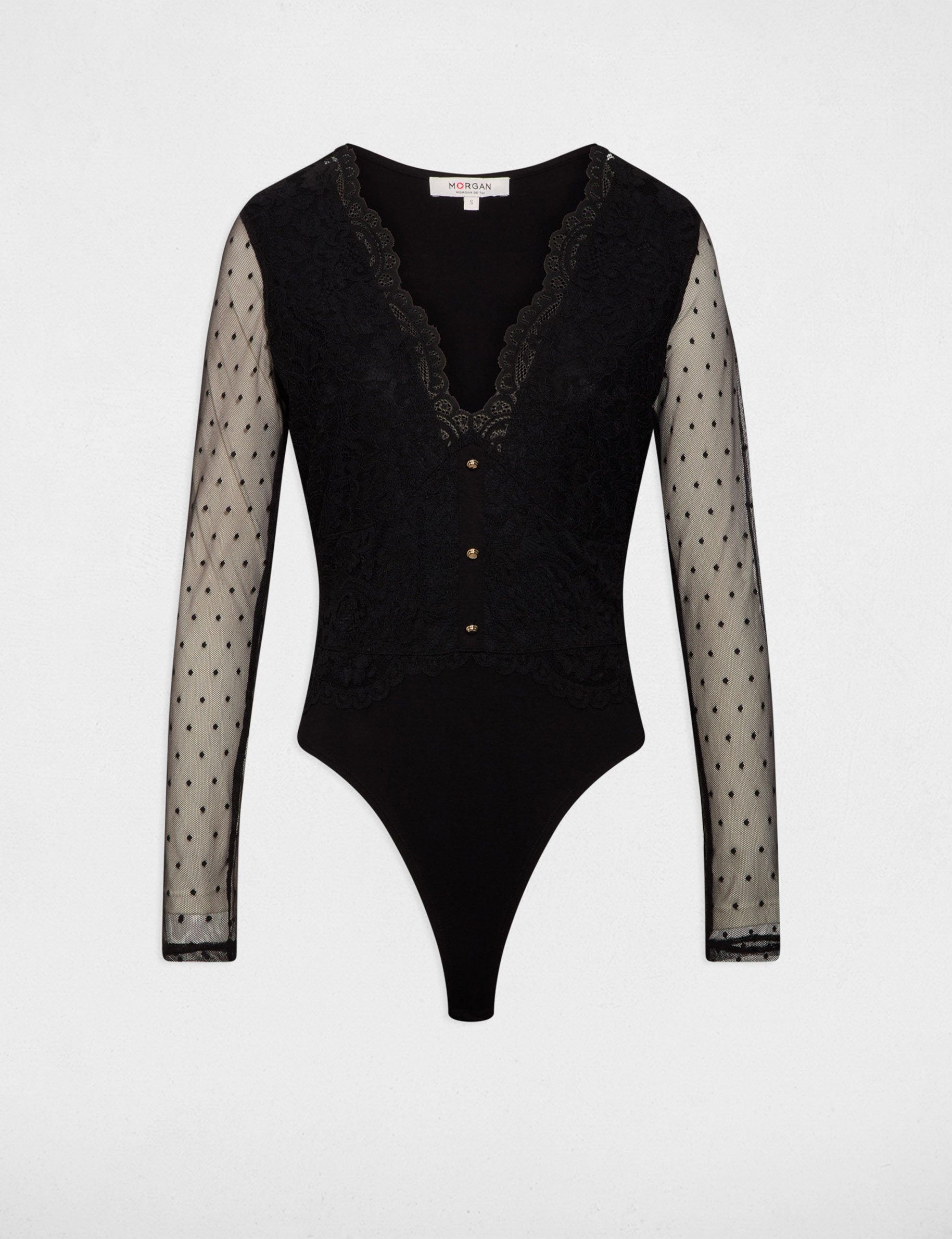 Body de encaje con escote en v negro mujer