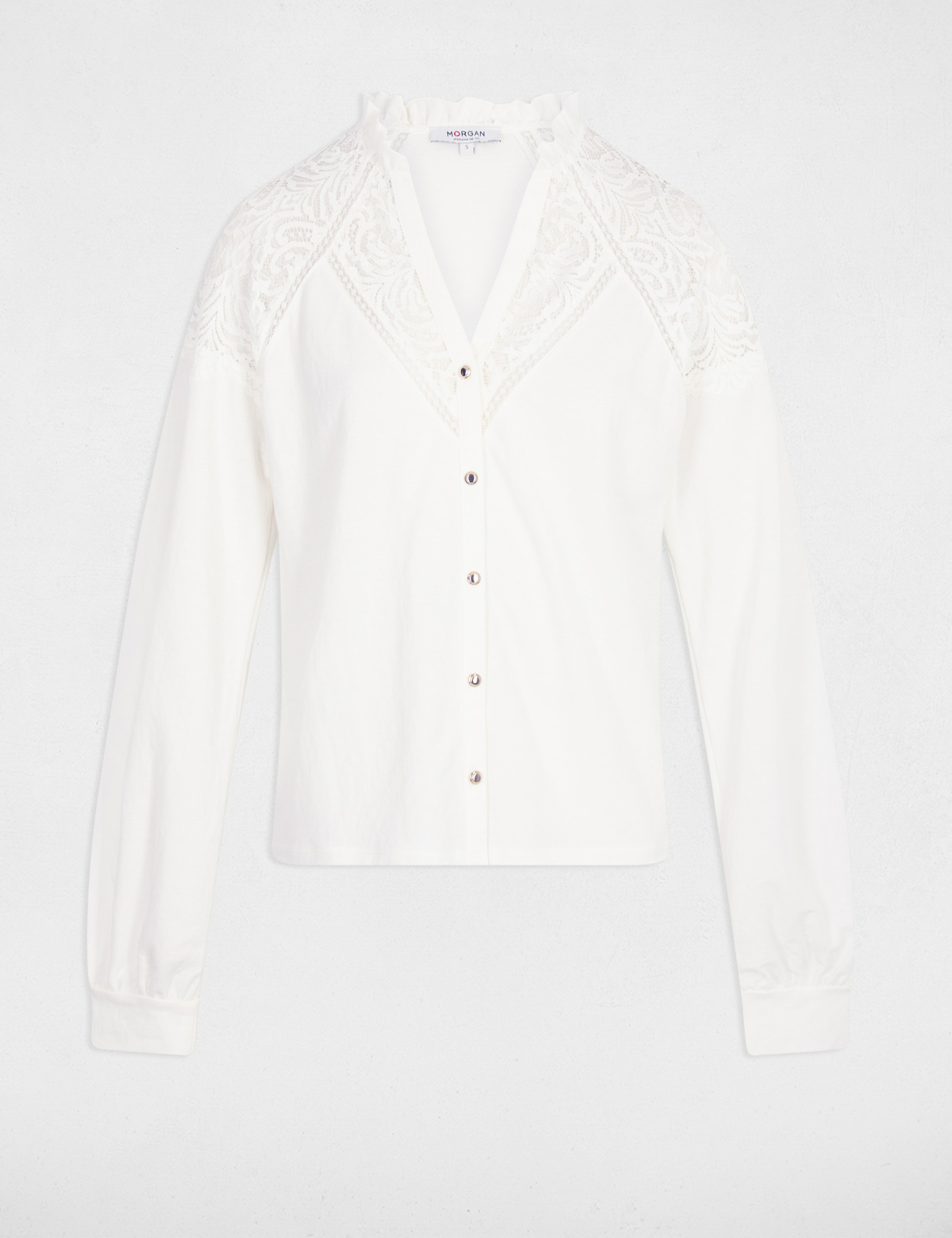 Camiseta de encaje con cuello en v blanco mujer