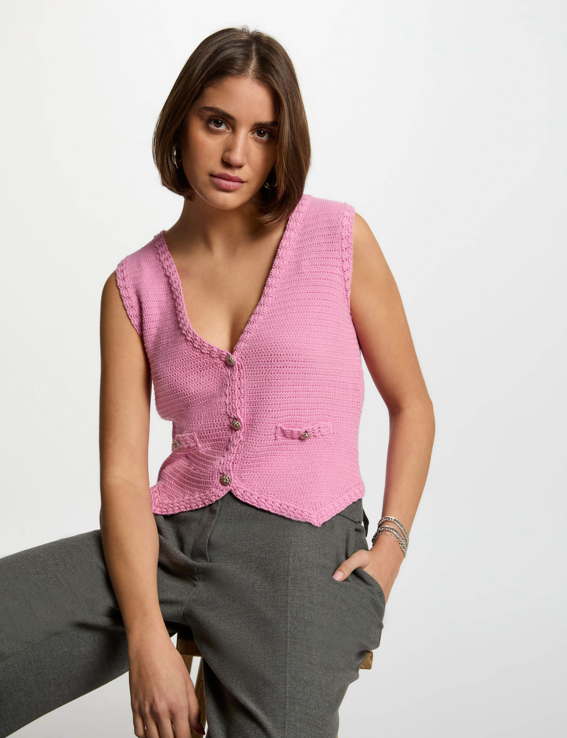 cardigan sin manga rosa mujer Cárdigan sin manga rosa mujer