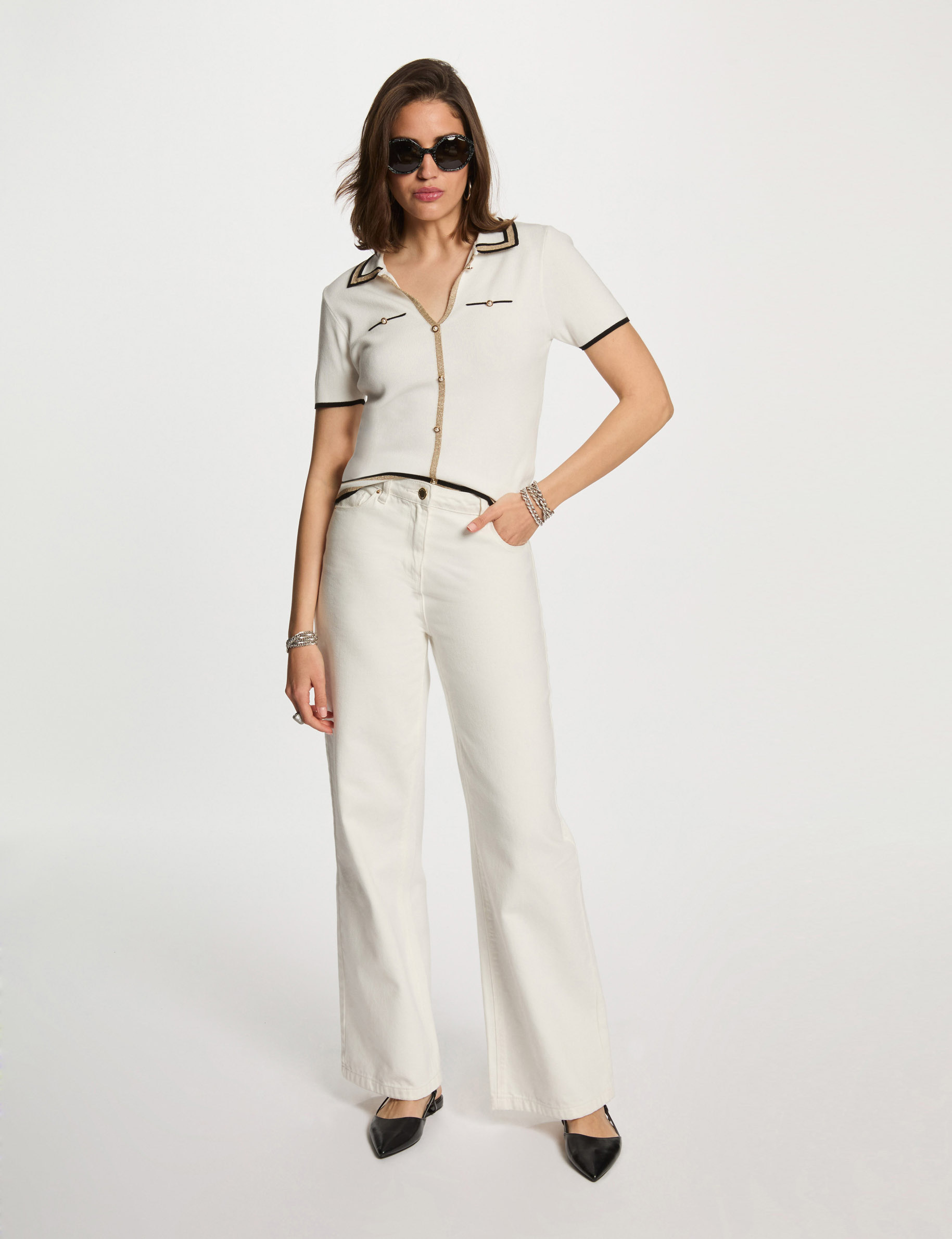 jersey cuello tipo polo manga corta blanco mujer Jersey cuello tipo polo manga corta blanco mujer