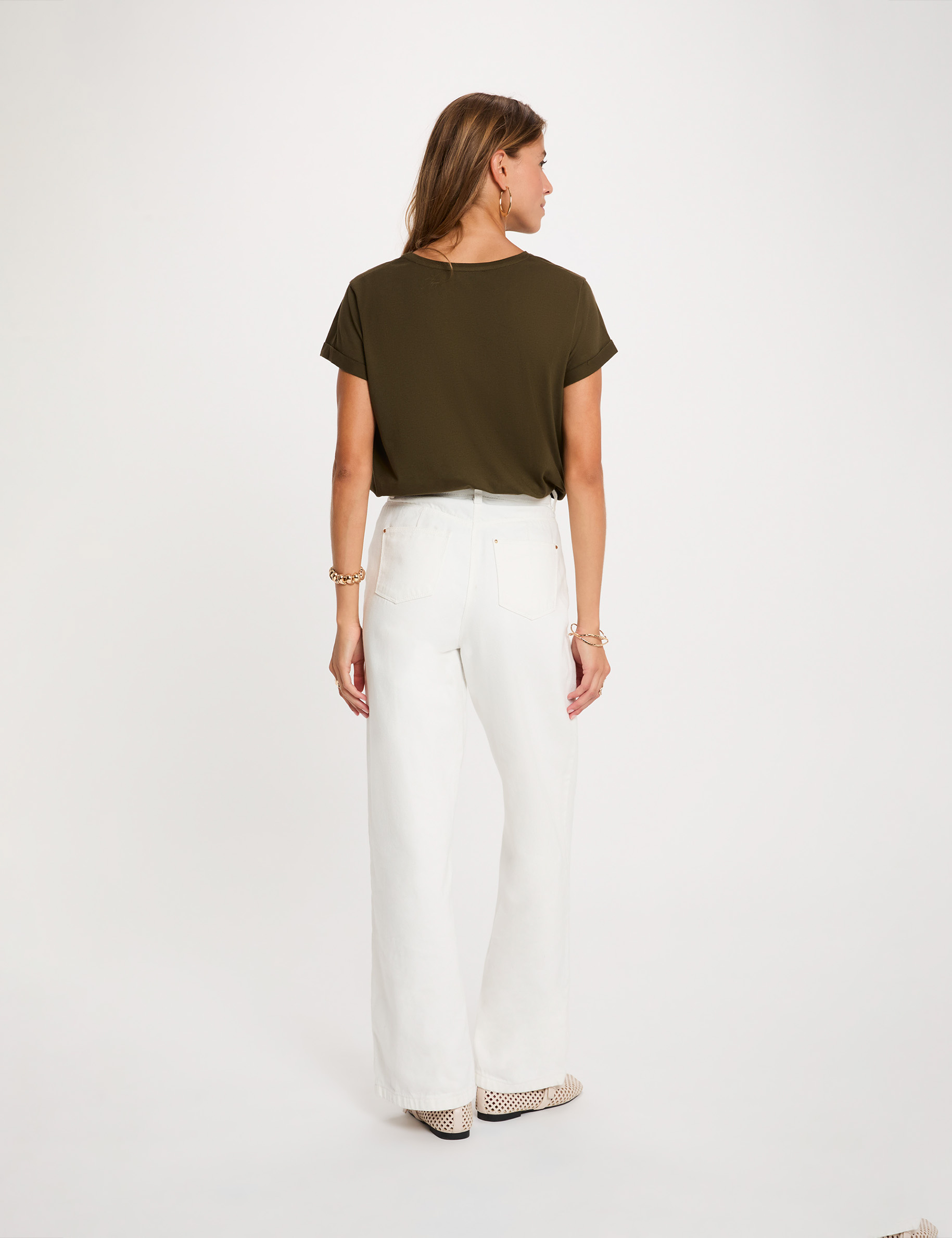 Camiseta cuello redondo manga corta verde caqui mujer