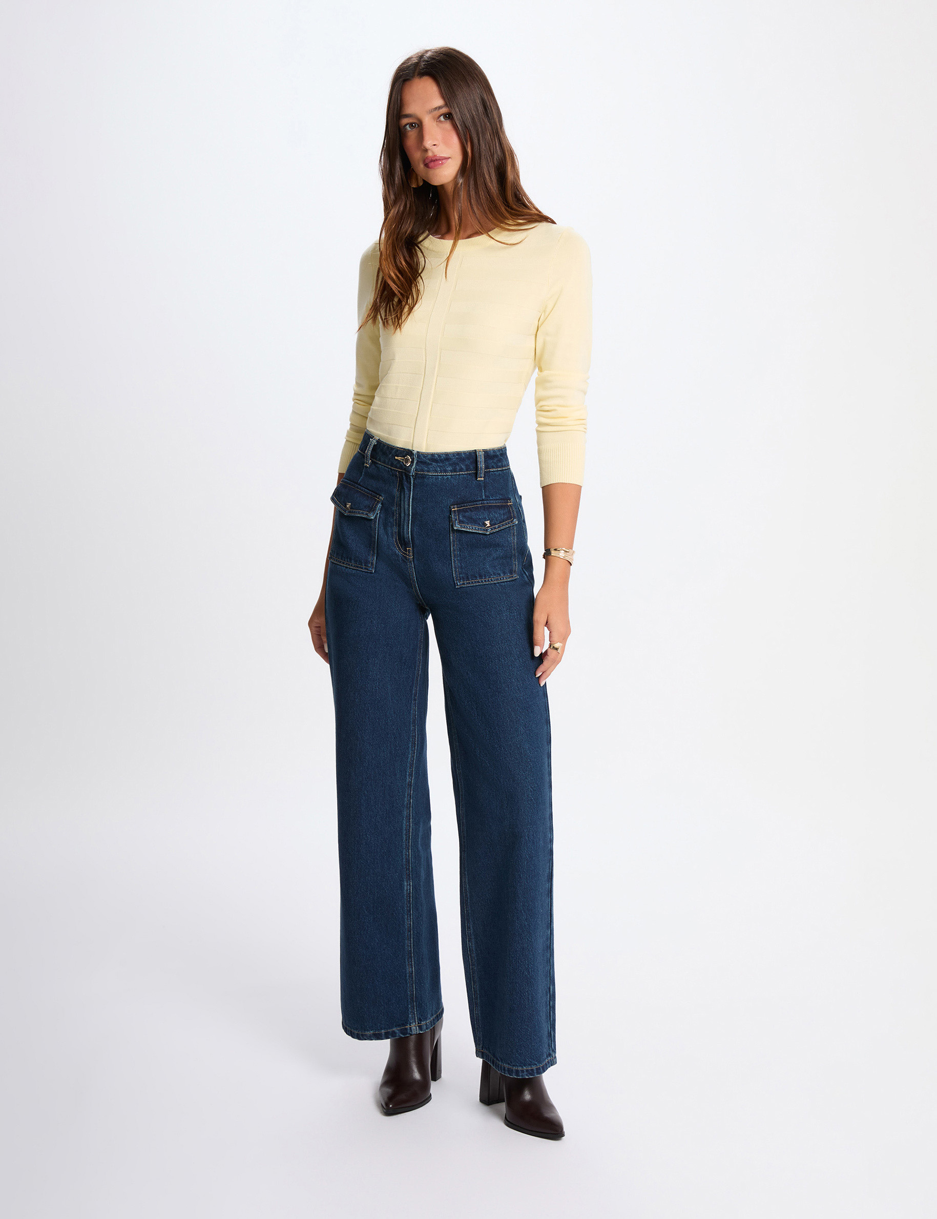 Jersey ajustado cuello redondo amarillo claro mujer